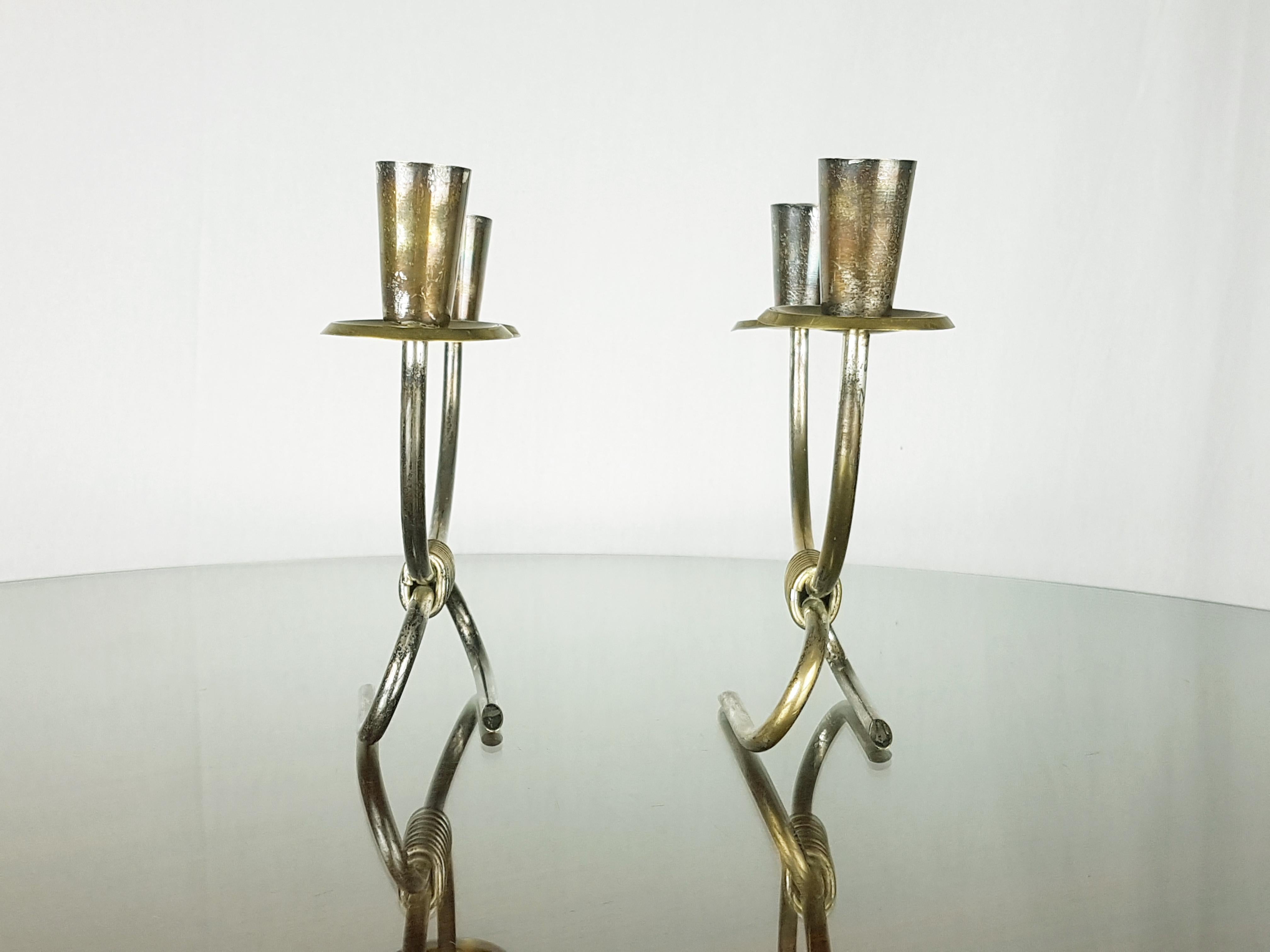 Silver Plated Brass Mid-Century Modern Candleholders by Aldo Tura for Macabo For Sale 1