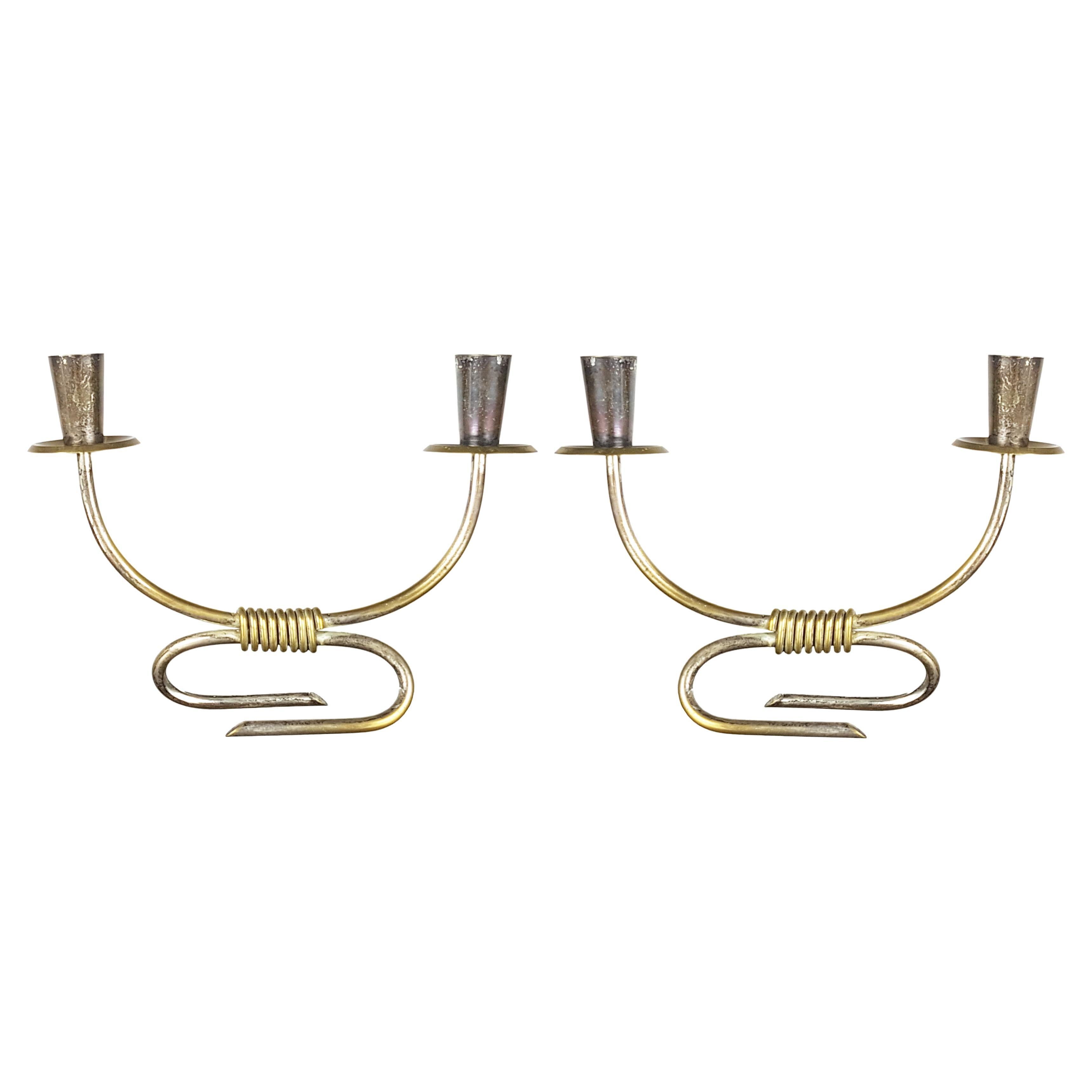 Silver Plated Brass Mid-Century Modern Candleholders by Aldo Tura for Macabo