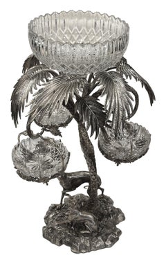 Silver-plated bronze and crystal centerpiece with greyhound, probably Elkington