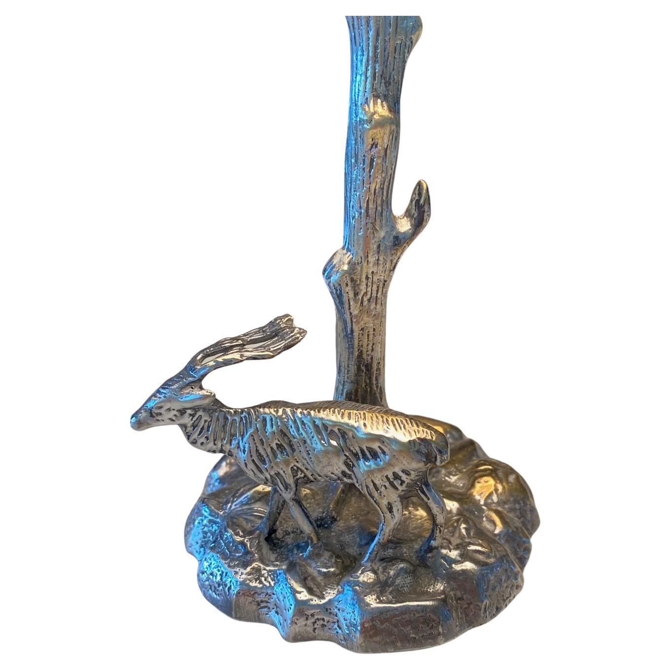 Valenti style stag or deer table lamp, unsigned. Fine midcentury quality solid silvered plate on bronze sculpture most likely by the highly sought after Spanish artist Valenti. This sculpture depicts a wild stag under a beautifully sculpted tree