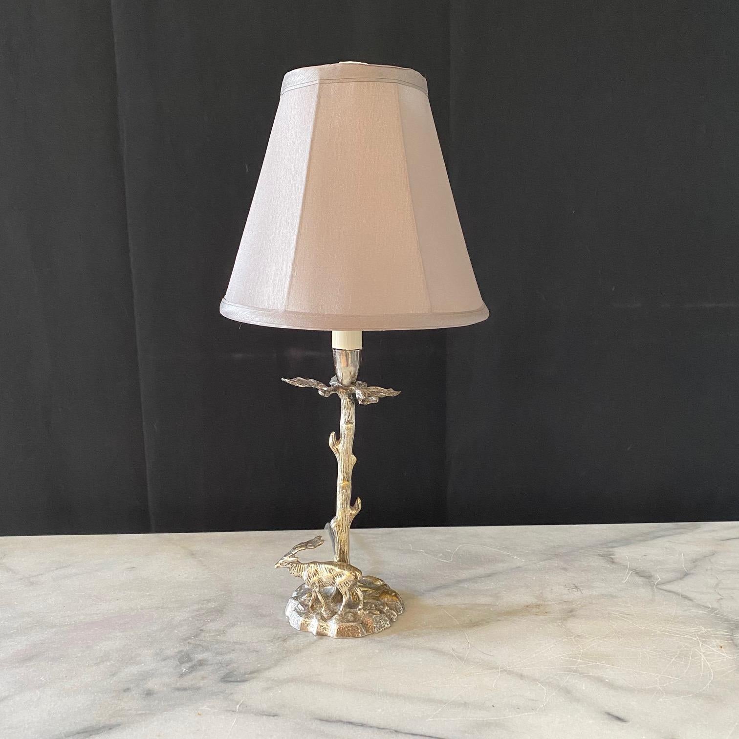 Mid-Century Modern Silver Plated Bronze Deer Fine Sculpture Table Lamp in the Manner of Valenti For Sale