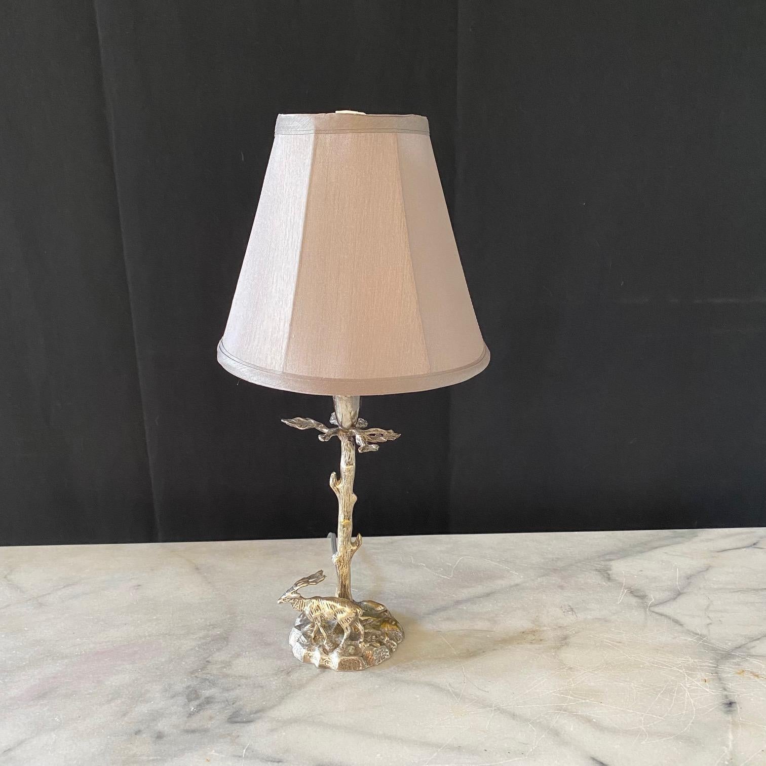 Late 20th Century Silver Plated Bronze Deer Fine Sculpture Table Lamp in the Manner of Valenti For Sale