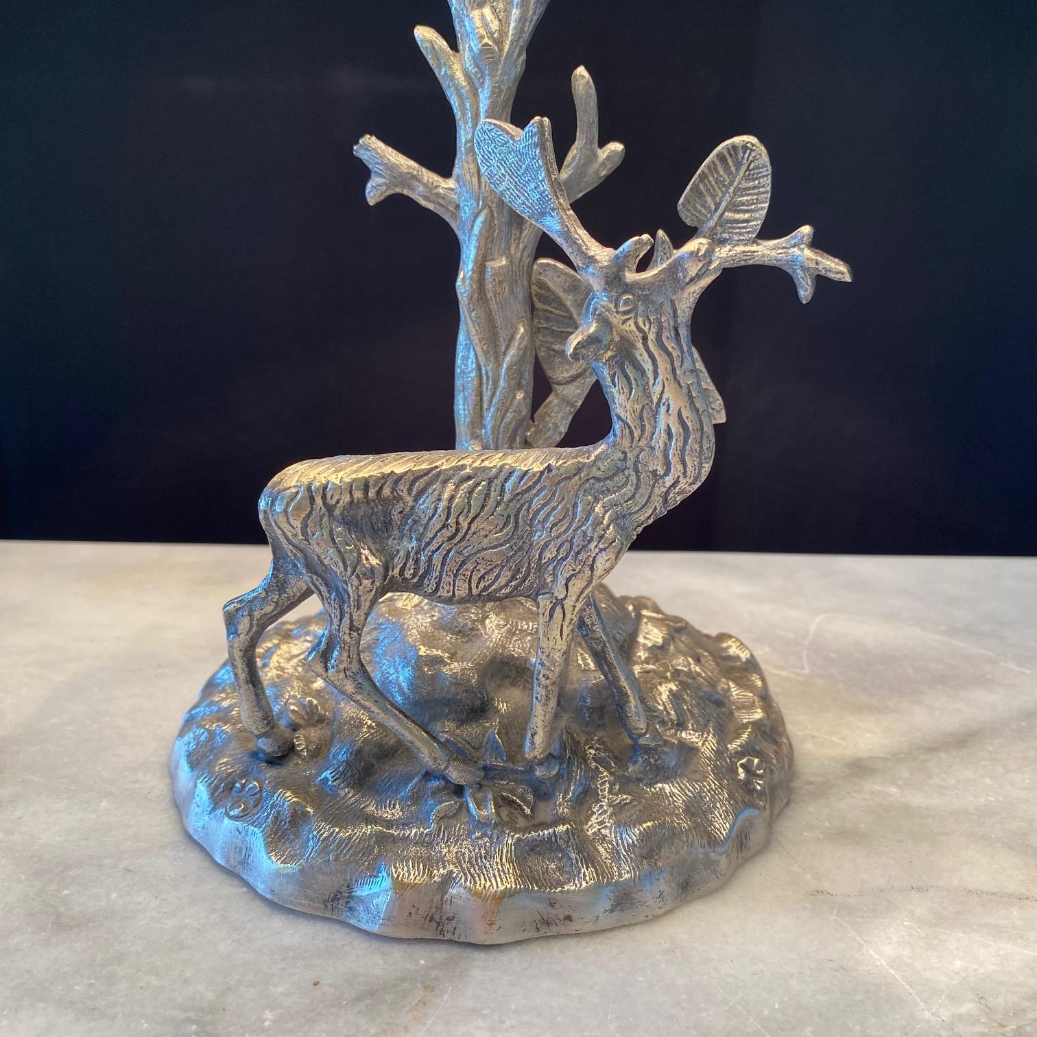  Silver Plated Bronze Deer Sculpture Table Lamp with Leaves and Twigs  5