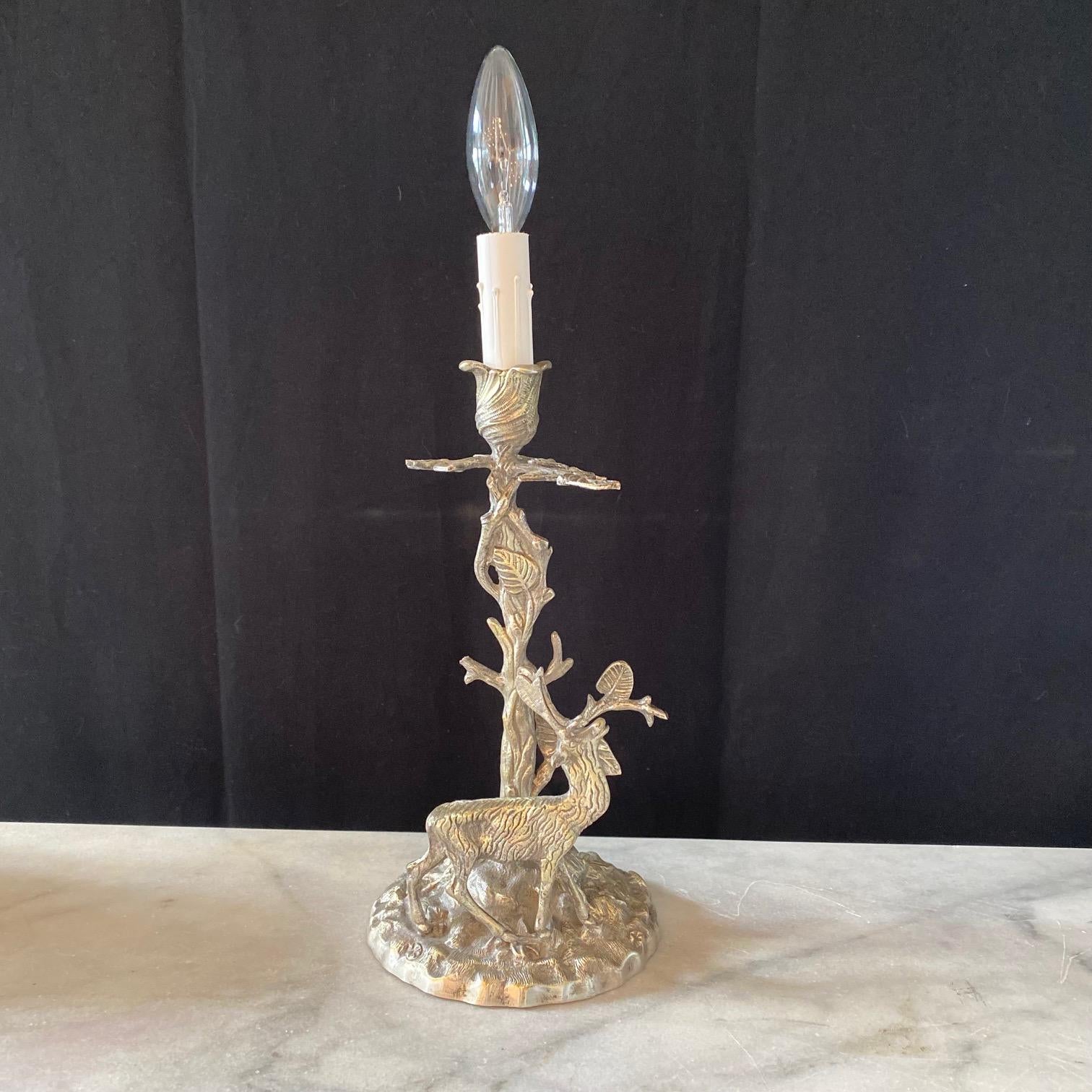  Silver Plated Bronze Deer Sculpture Table Lamp with Leaves and Twigs  6