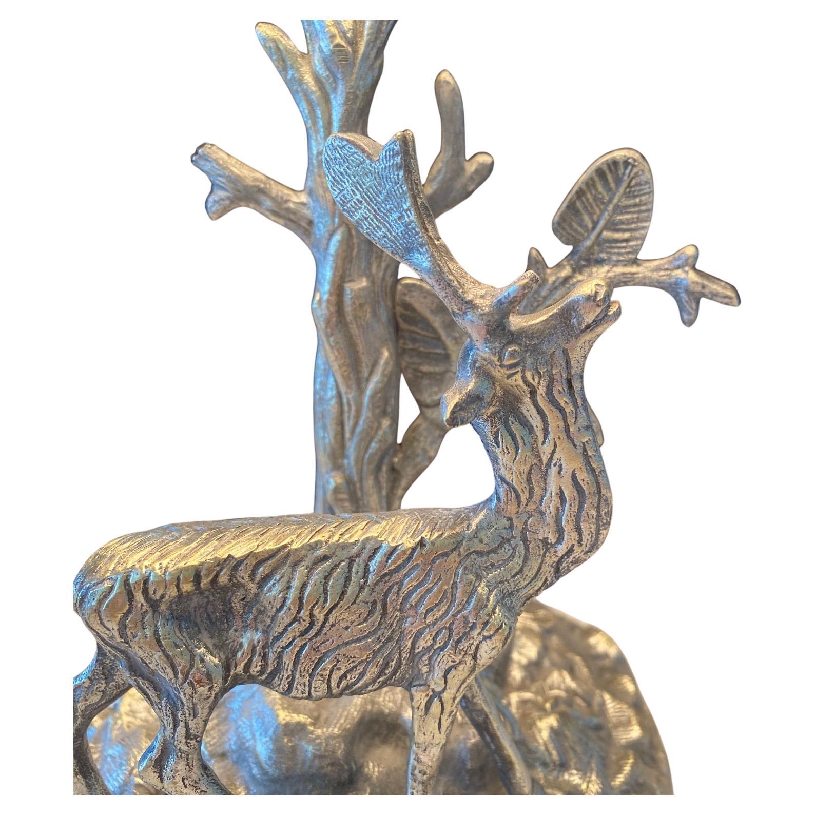 Valenti style stag table lamp, unsigned. Fine midcentury quality solid silvered plate on bronze sculpture most likely by the highly sought after Spanish artist Valenti. This sculpture depicts a wild stag under a beautifully sculpted tree with leaves