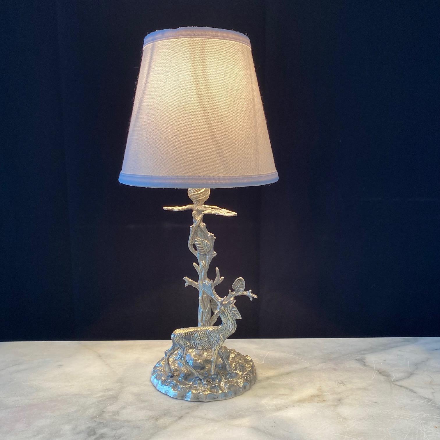 Spanish  Silver Plated Bronze Deer Sculpture Table Lamp with Leaves and Twigs 