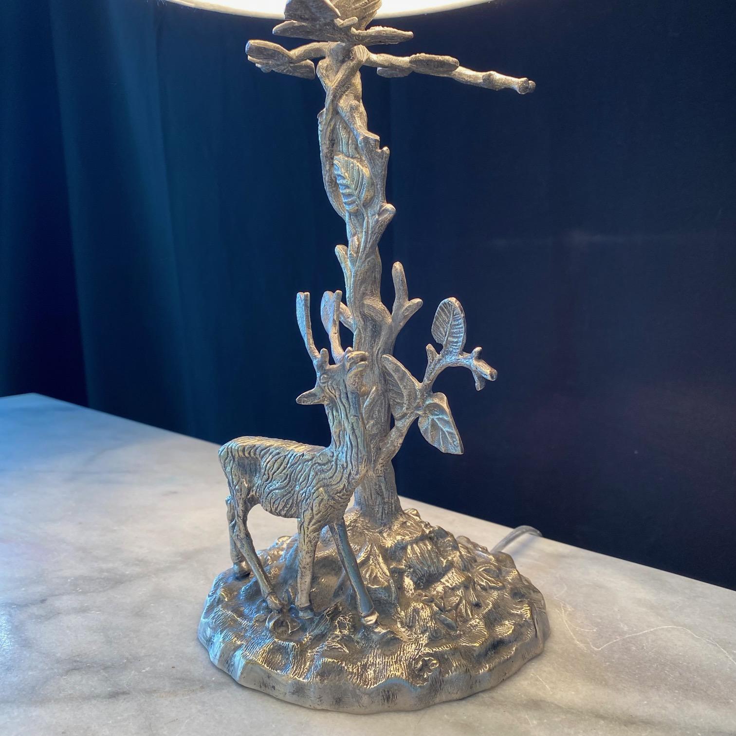 Late 20th Century  Silver Plated Bronze Deer Sculpture Table Lamp with Leaves and Twigs 