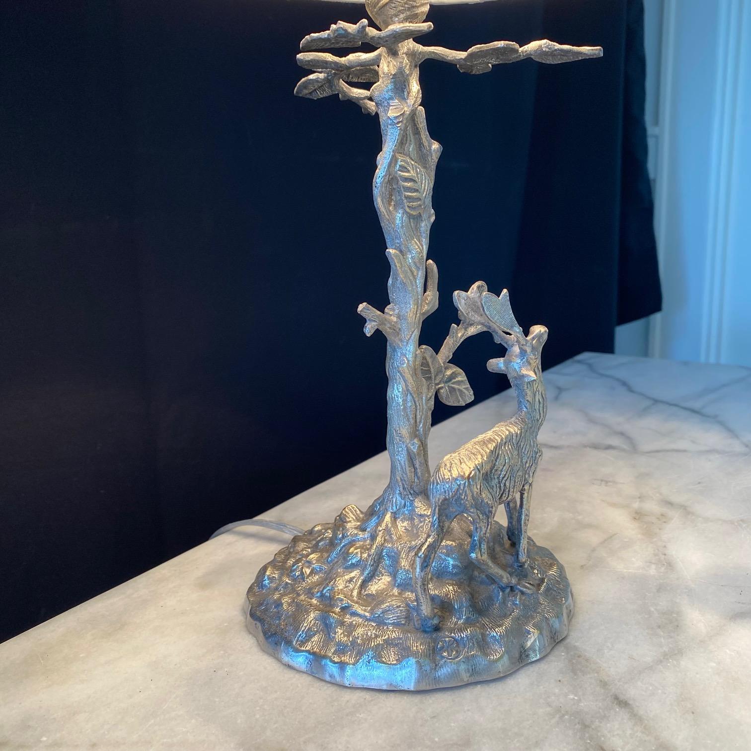  Silver Plated Bronze Deer Sculpture Table Lamp with Leaves and Twigs  1