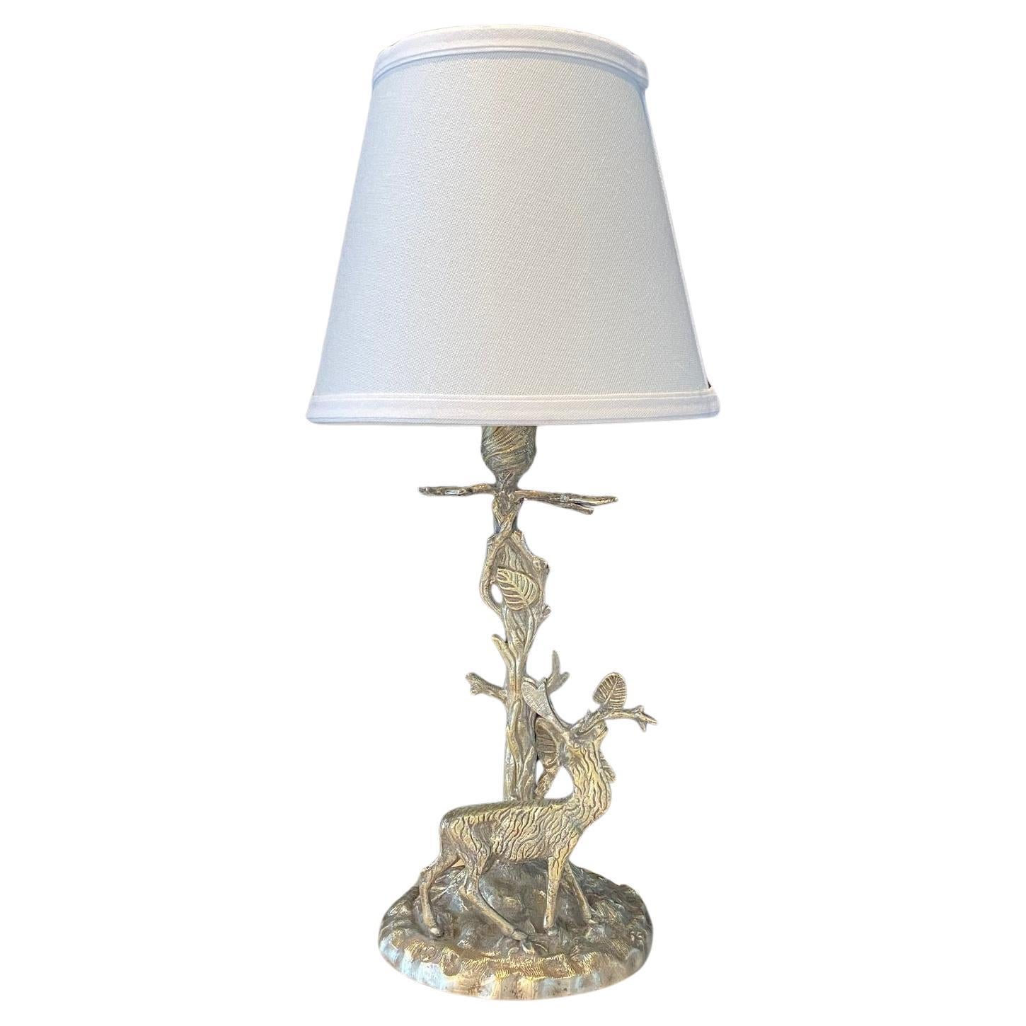 Silver Plated Bronze Deer Sculpture Table Lamp with Leaves and Twigs 