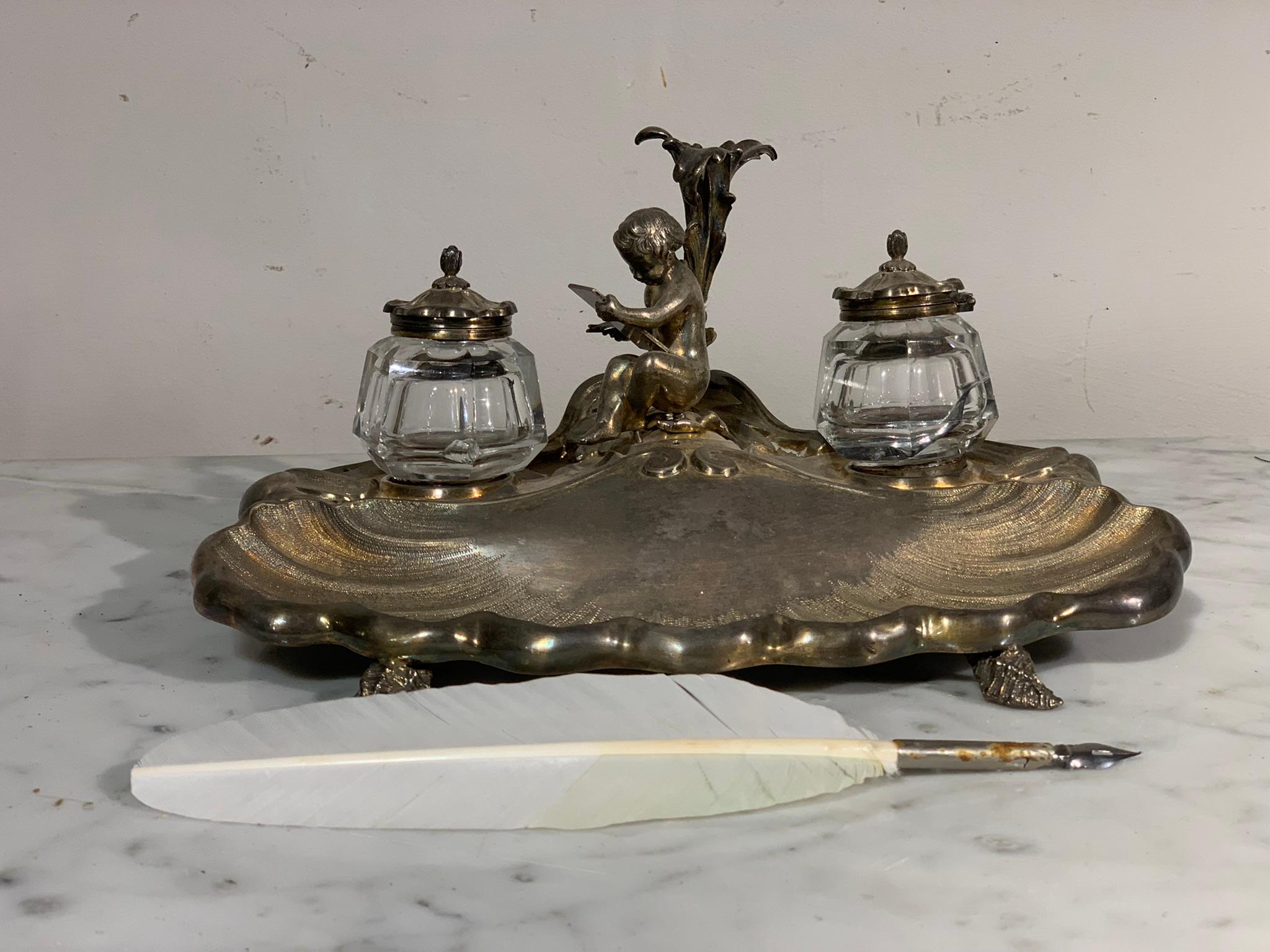 19th Century Silver Plated Bronze Inwell, Charles X For Sale