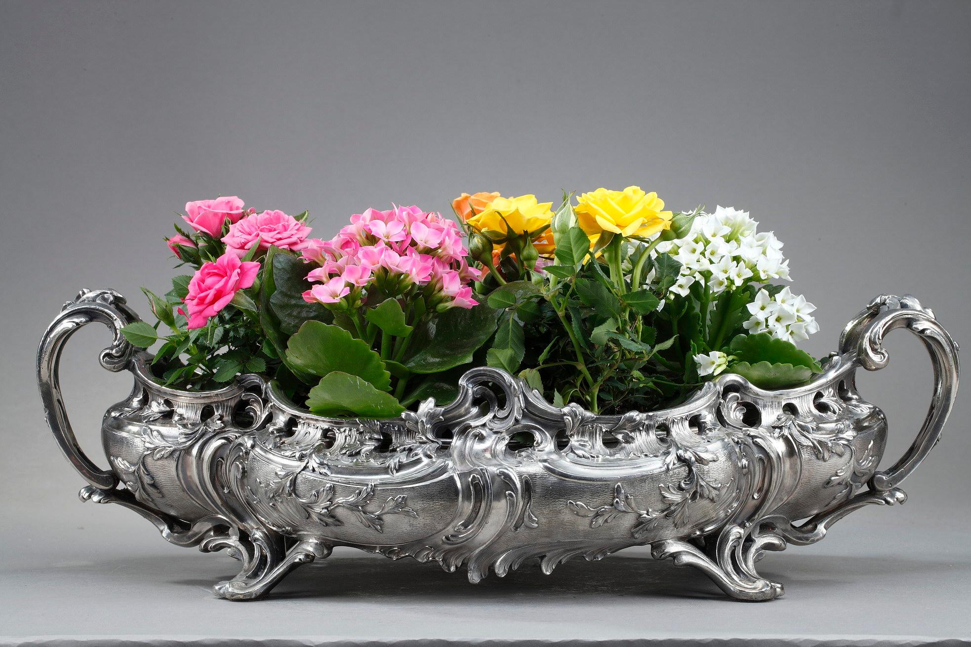 Important oval jardinière of Louis XV style, dating from the end of the 19th century. This centerpiece serving as a jardinière in silvered bronze, with its curved forms and leafy motifs, rests on four feet. A frieze makes the perimeter and two