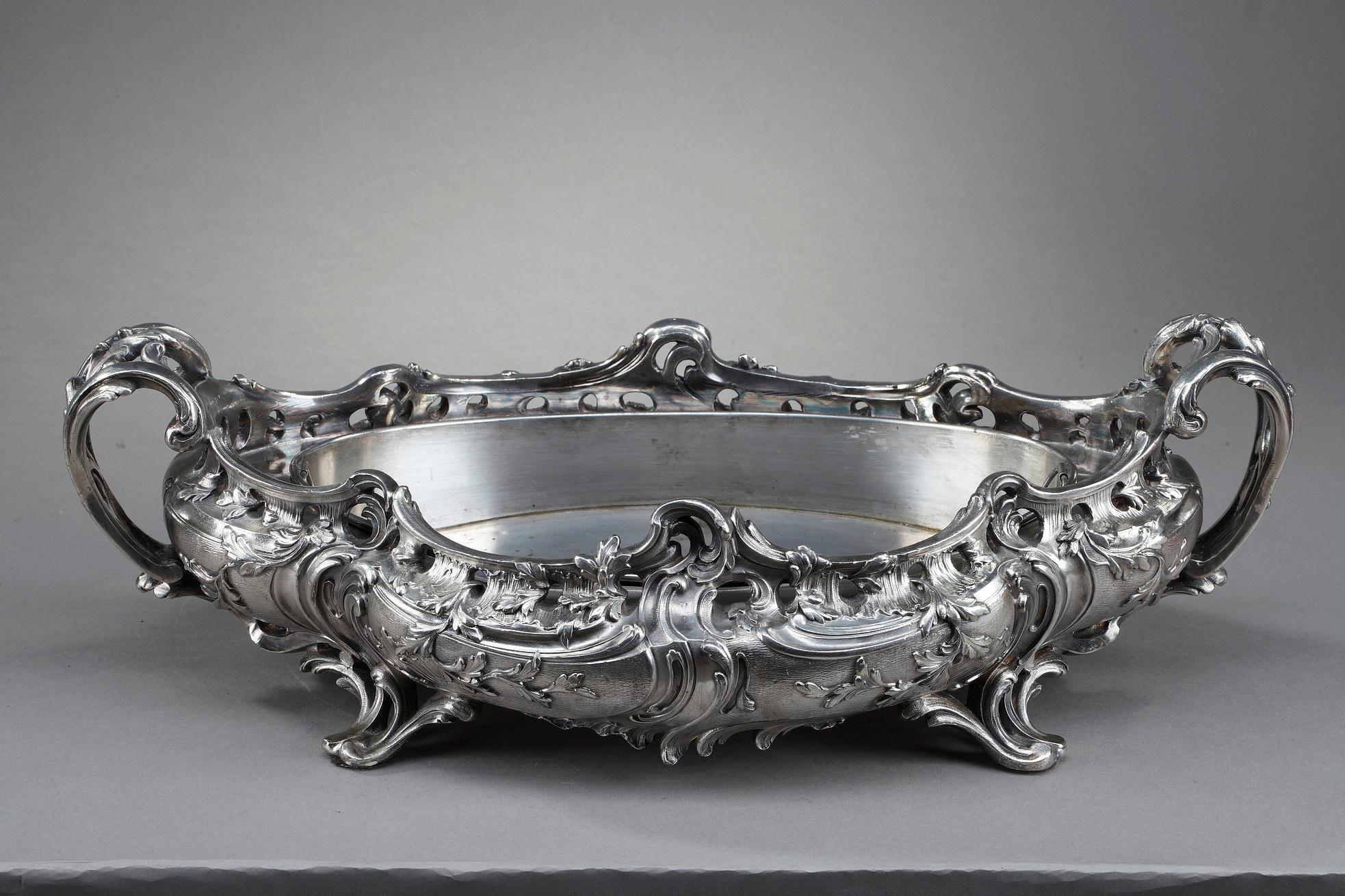 Silvered Silver Plated Bronze Jardinière in the Louis XV Style, 19th Century For Sale