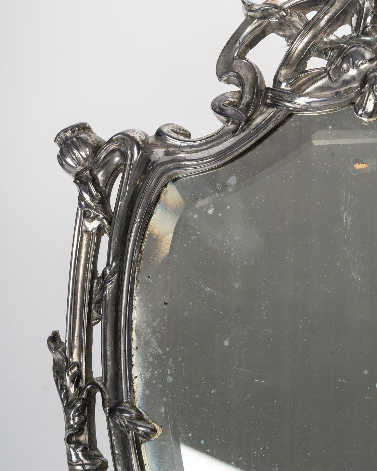 French Silver Plated Bronze Table Mirror, Early 20th Century, Art Nouveau Period. For Sale