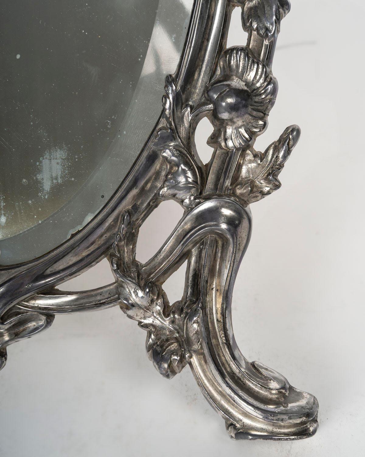 Silver Plated Bronze Table Mirror, Early 20th Century, Art Nouveau Period. In Good Condition For Sale In Saint-Ouen, FR