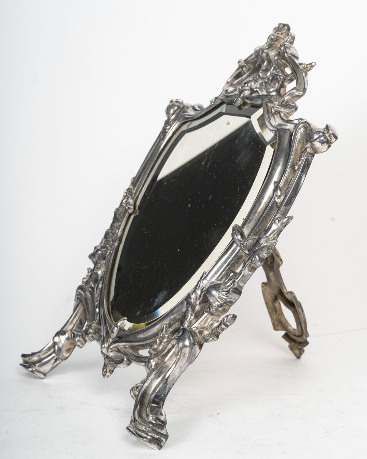 Silver Plated Bronze Table Mirror, Early 20th Century, Art Nouveau Period. For Sale 2
