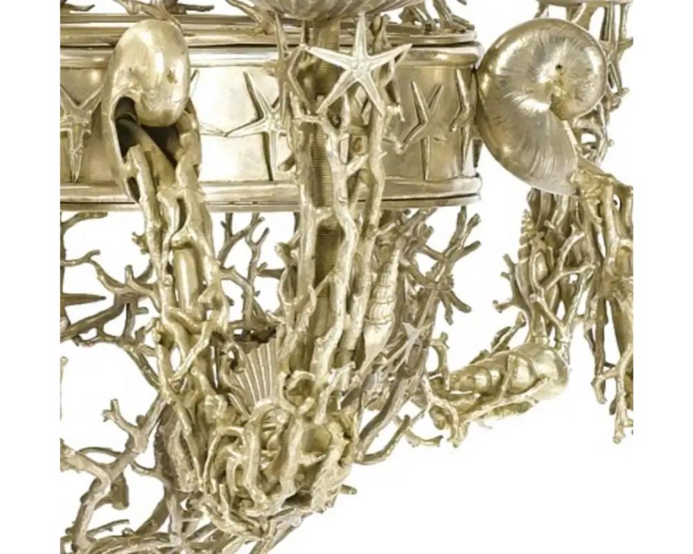 20ième siècle Lustre nautique à six lumières de style Buccellati en métal argenté en forme de coquillages de mer en vente