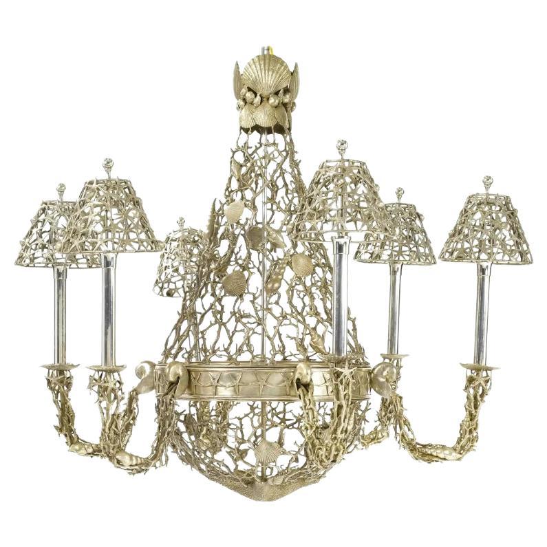 Silver Plated Buccellati Style Six-Light Marine Seashell Nautical Chandelier For Sale