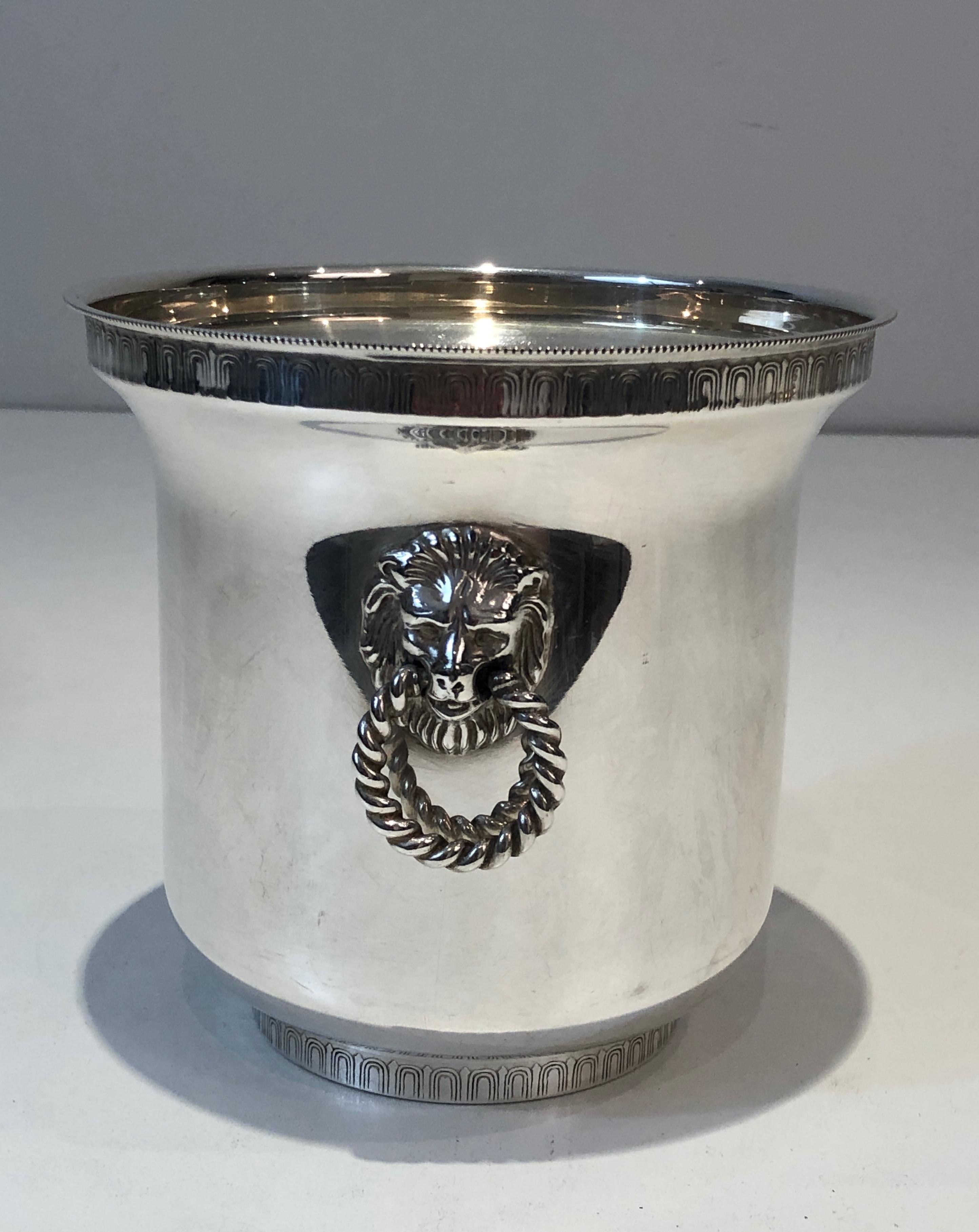 Silver Plated Champagne Bucket with Lion Heads Handles, French, circa 1930 5