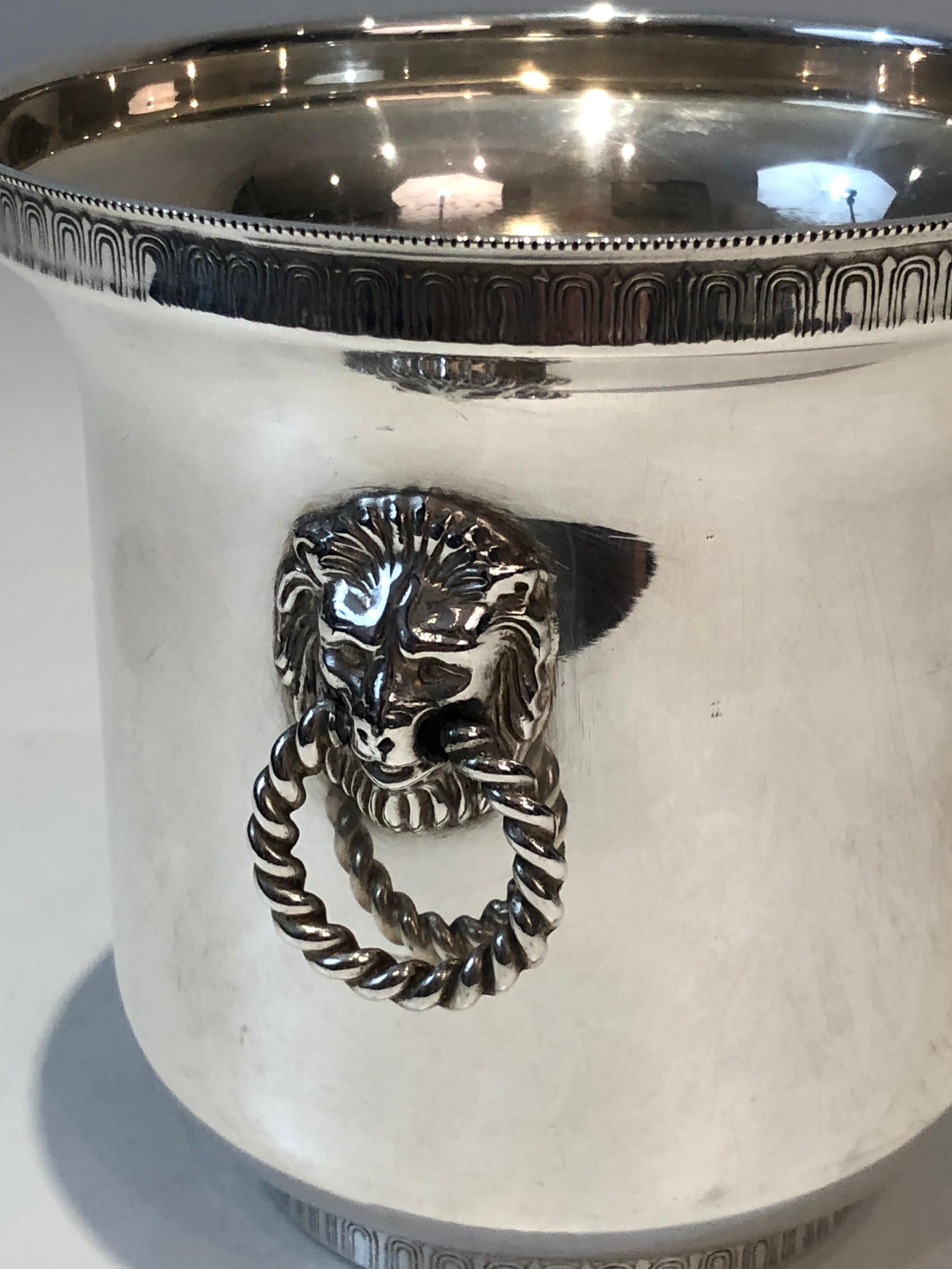 Silver Plated Champagne Bucket with Lion Heads Handles, French, circa 1930 6
