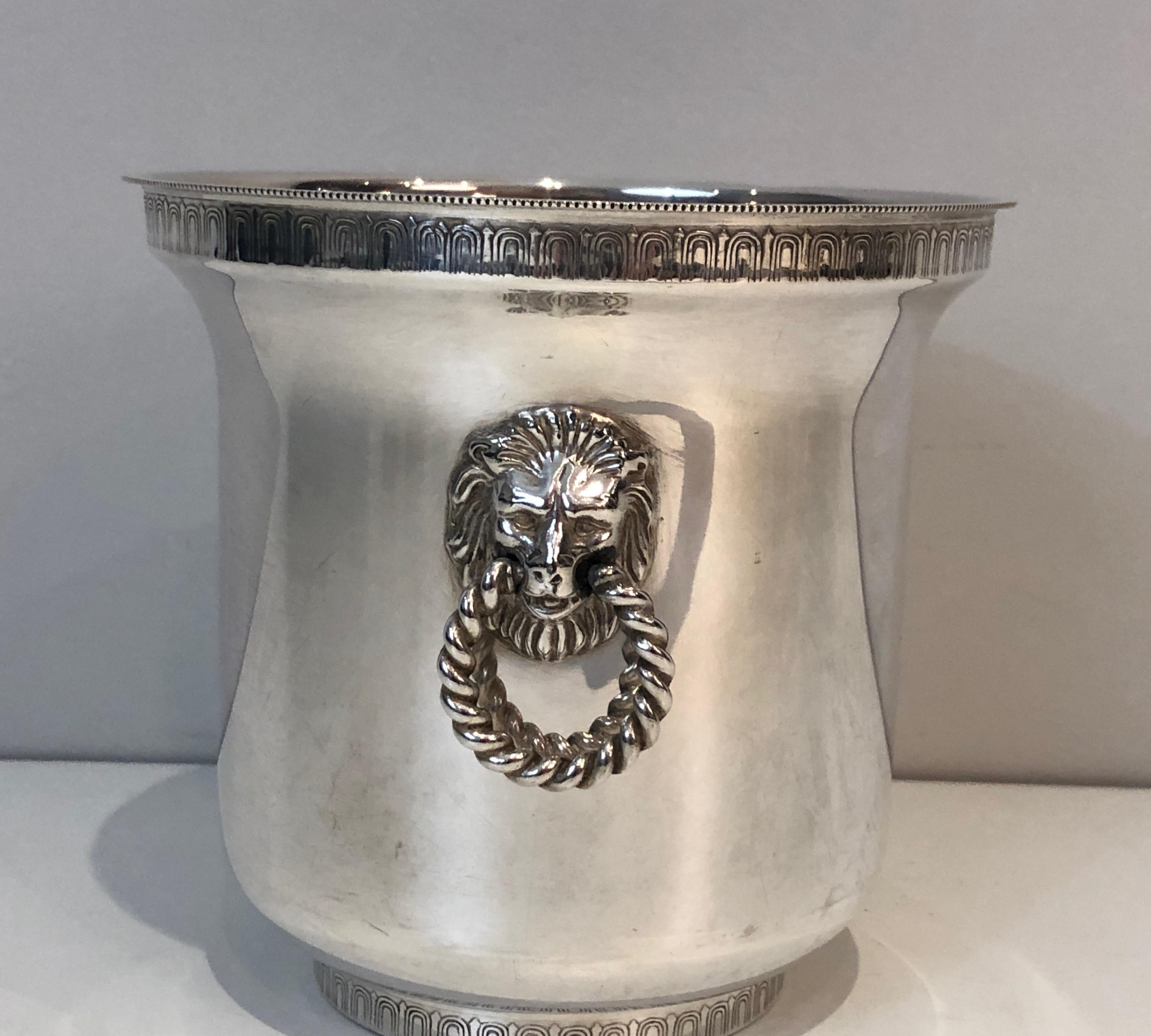 Mid-20th Century Silver Plated Champagne Bucket with Lion Heads Handles, French, circa 1930