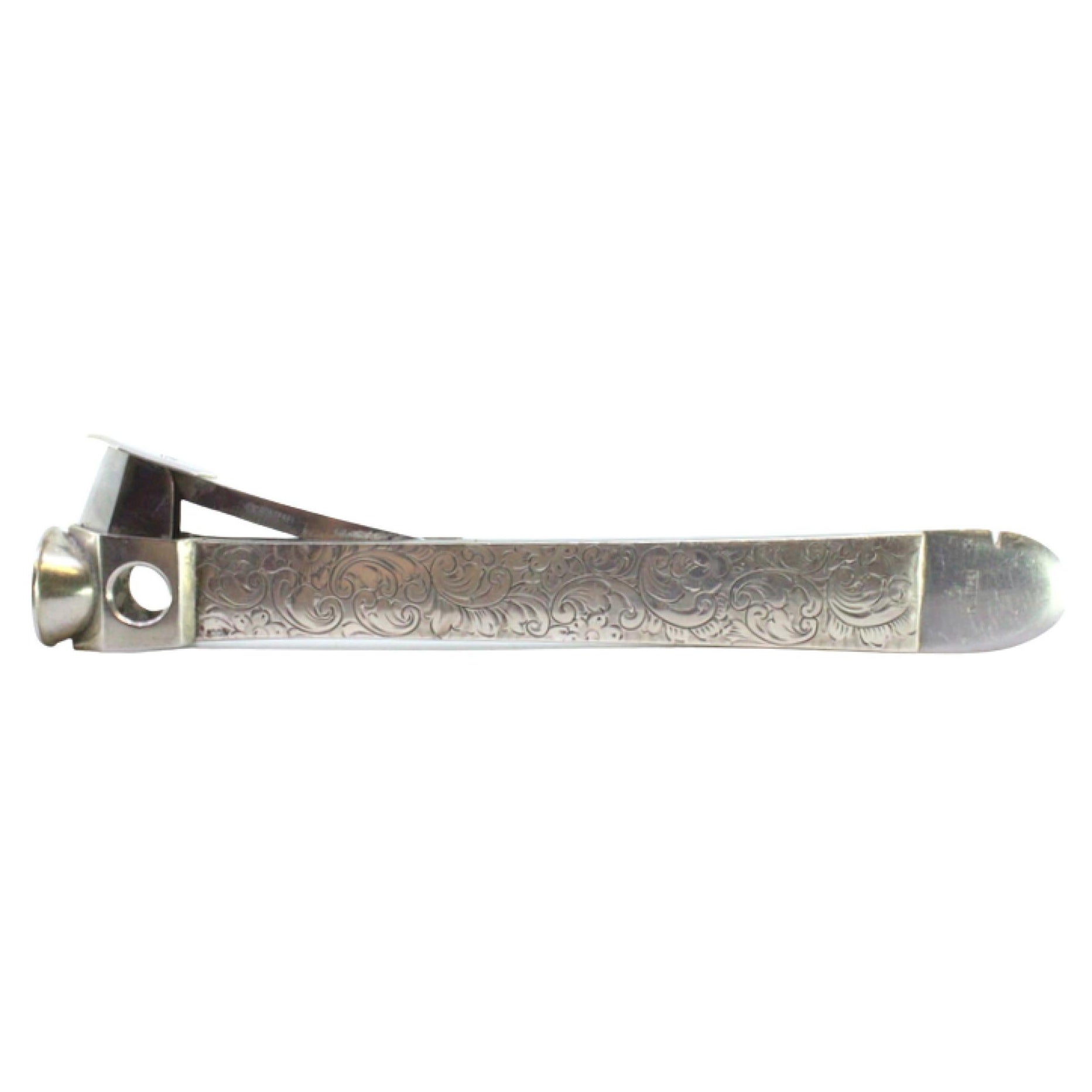 Silver-plated cigar cutter with engraved wreaths and steel interior