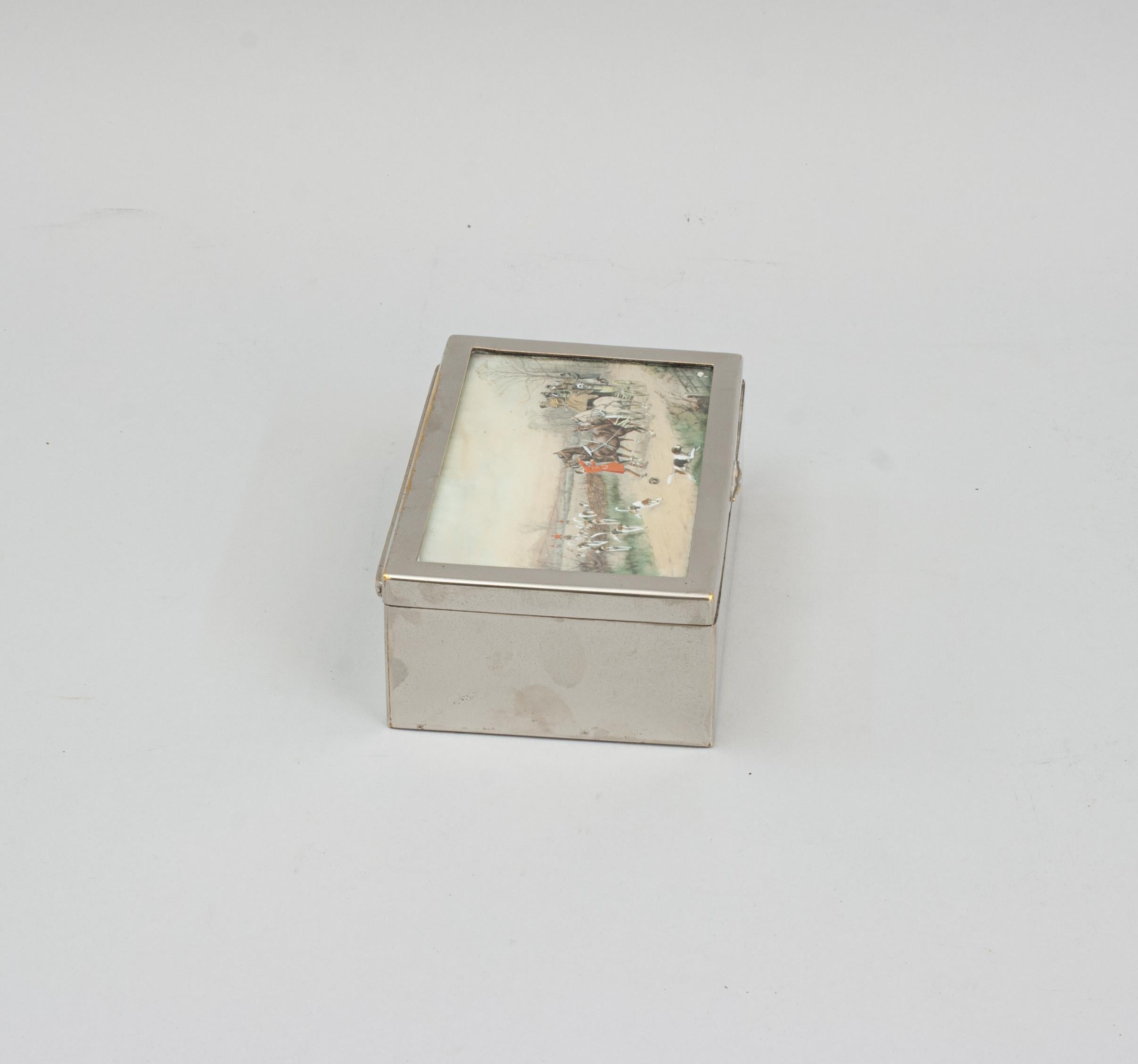 20th Century Silver Plated Cigarette Case With Hunting Scene For Sale