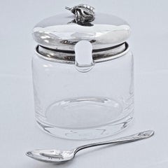 Silver Plated Clear Glass Honey Pot and Spoon with Bee Finial circa 1930s