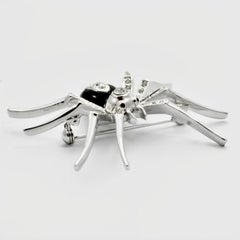 Silver Plated Clear Rhinestone and Black Enamel Spider Brooch