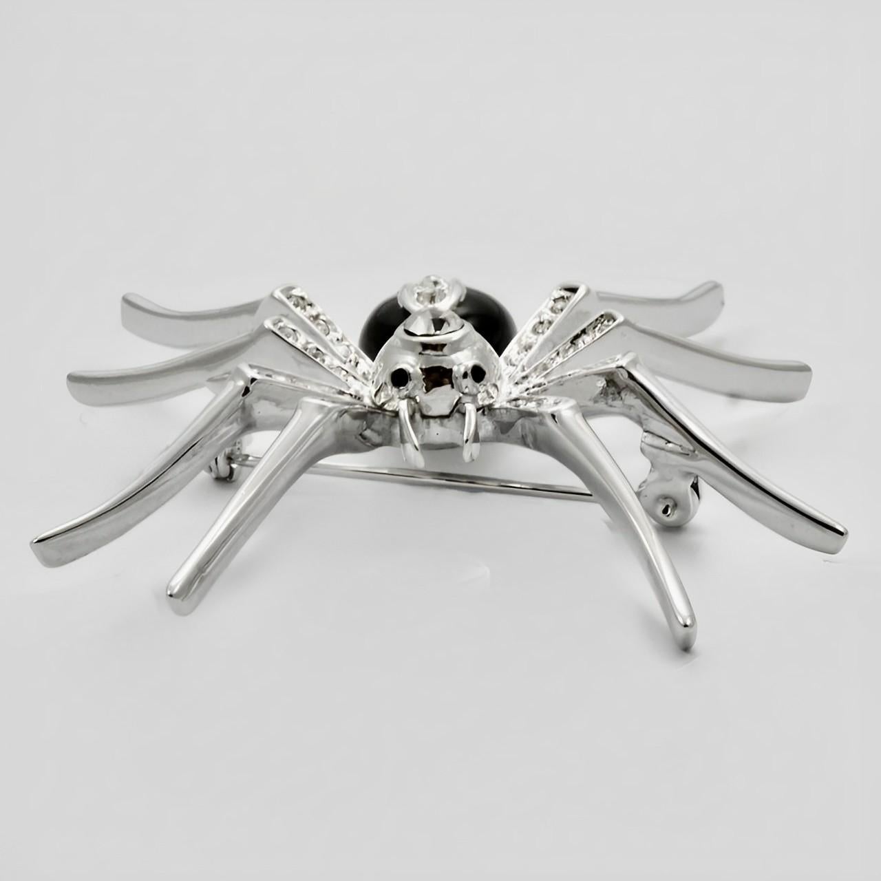 Silver Plated Clear Rhinestone and Black Enamel Spider Brooch In Good Condition In London, GB