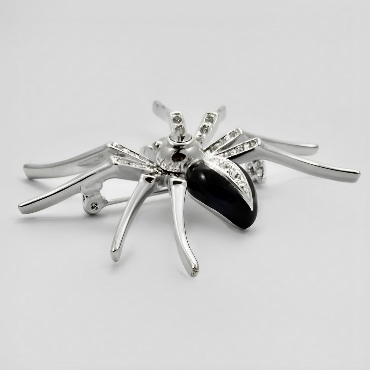 Women's or Men's Silver Plated Clear Rhinestone and Black Enamel Spider Brooch