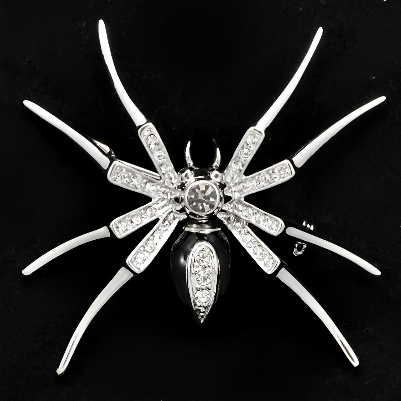 Silver Plated Clear Rhinestone and Black Enamel Spider Brooch 2