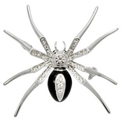 Silver Plated Clear Rhinestone and Black Enamel Spider Brooch