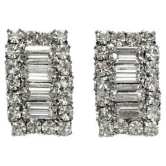 Silver Plated Clip On Earrings with Faceted Rhinestones circa 1950s