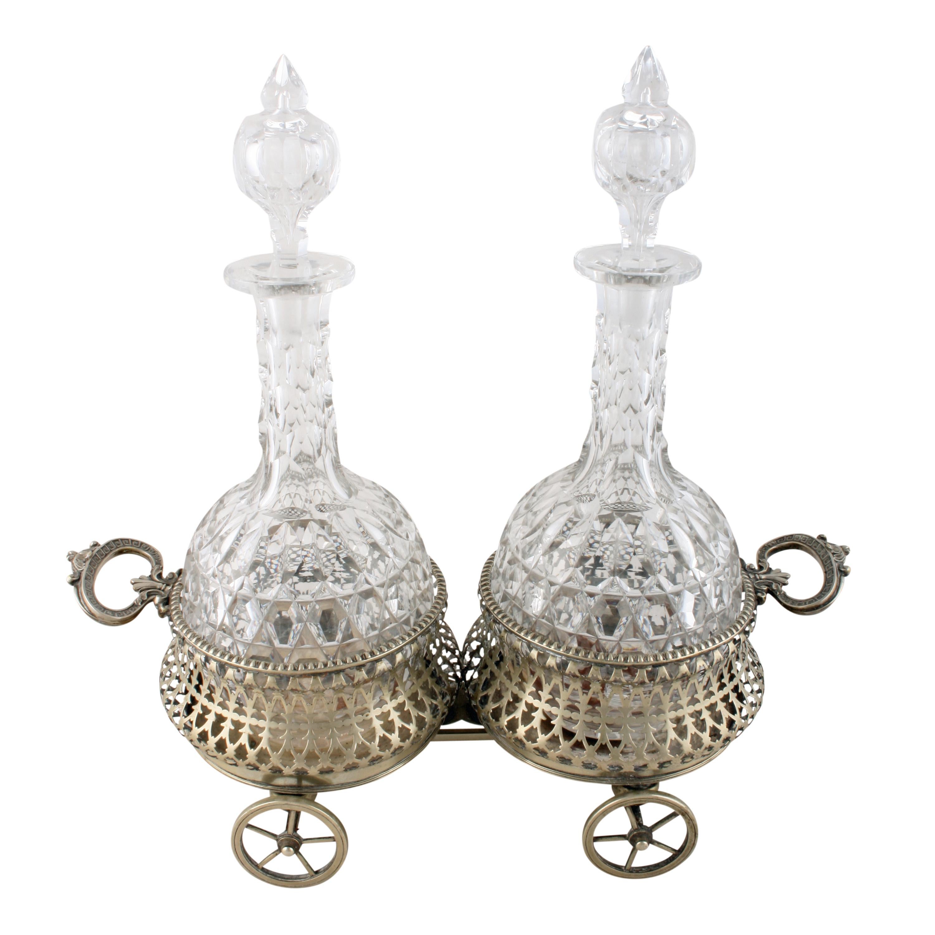 English Silver Plated Coaster Wagon and Decanters