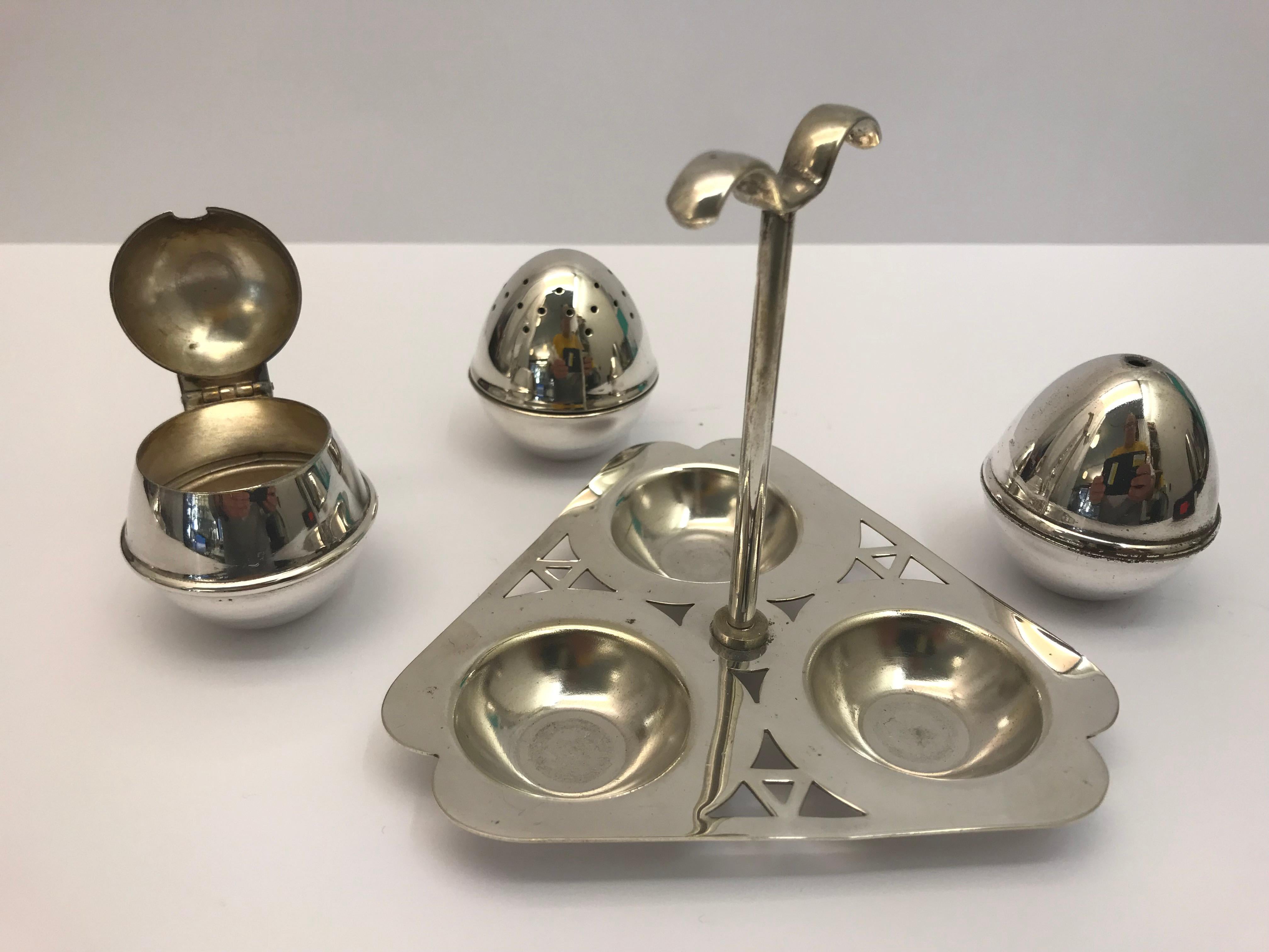 English Silver Plated Condiment Set Comprising of a Salt a Pepper and a Mustard Pot For Sale