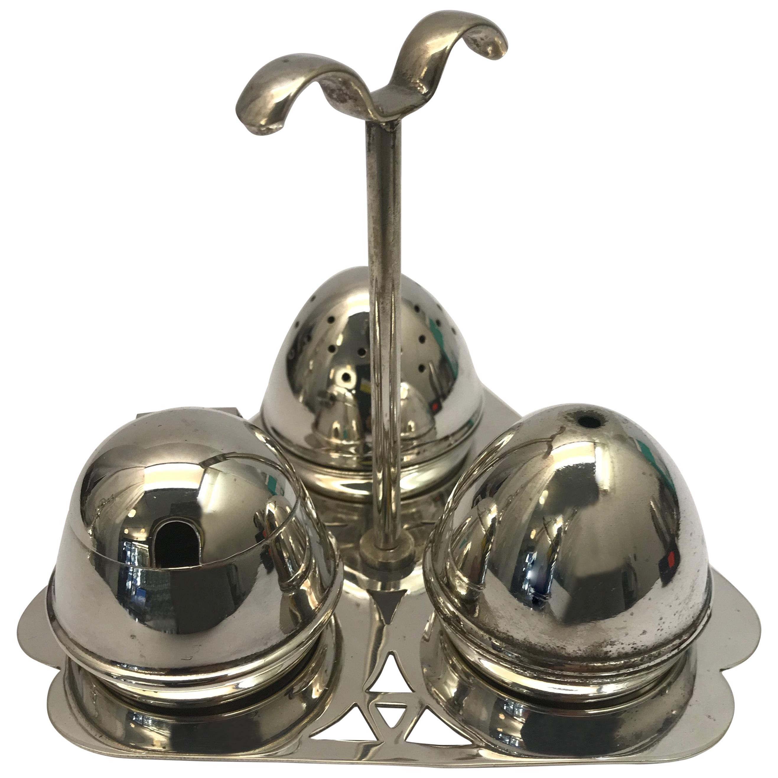 Silver Plated Condiment Set Comprising of a Salt a Pepper and a Mustard Pot For Sale