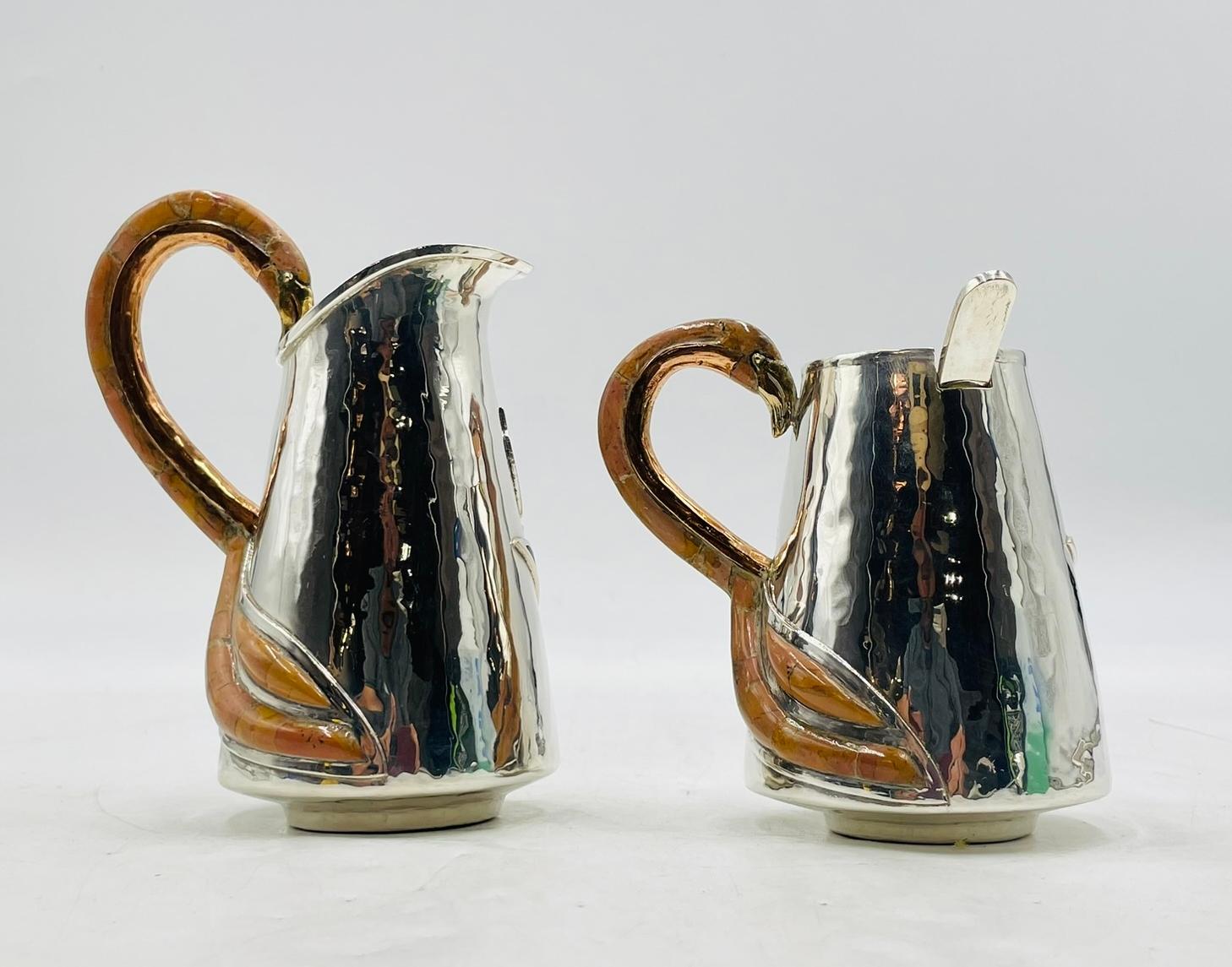 Silver Plated Creamer and Sugar Set with Flamingo Handles by Wolmar Castillo For Sale 3