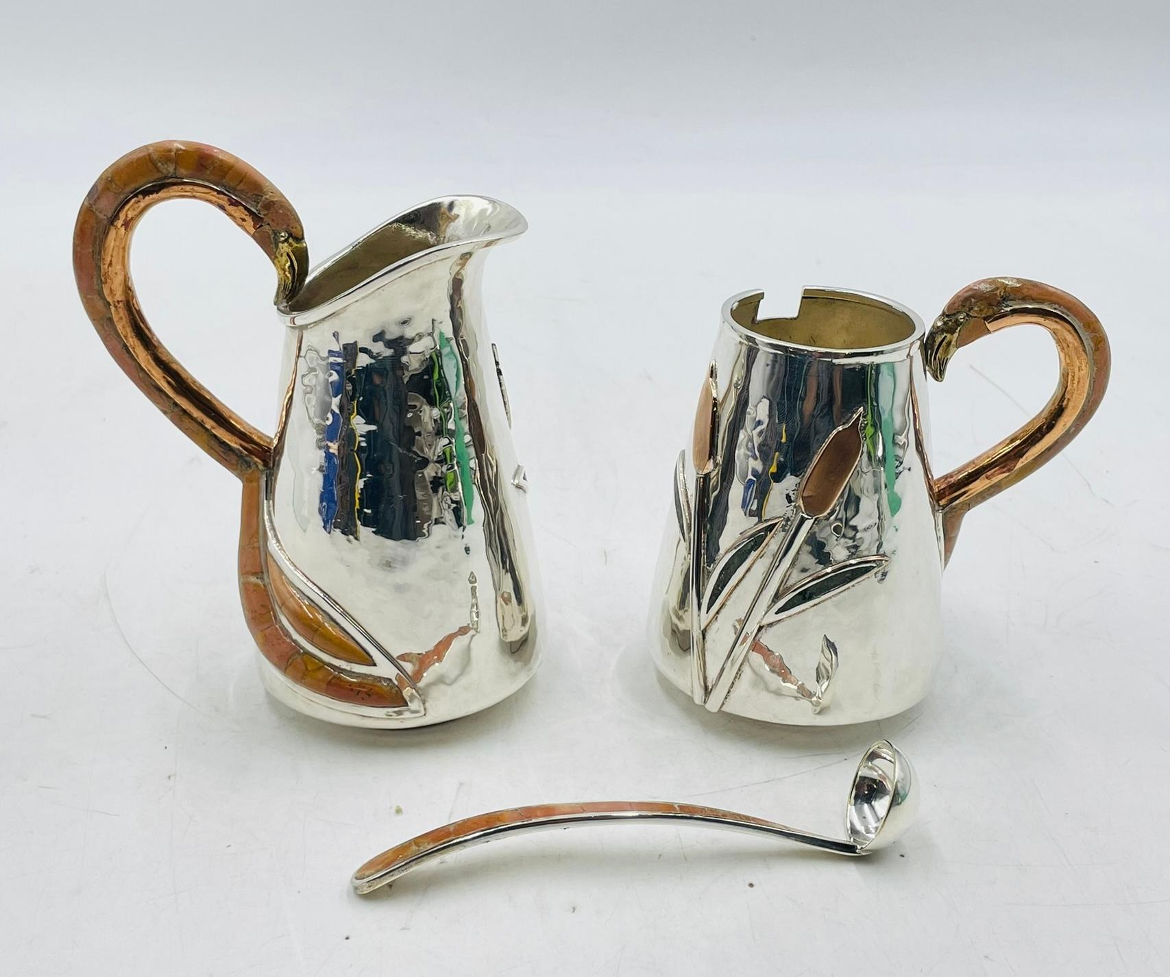 Silver Plated Creamer and Sugar Set with Flamingo Handles by Wolmar Castillo For Sale 6