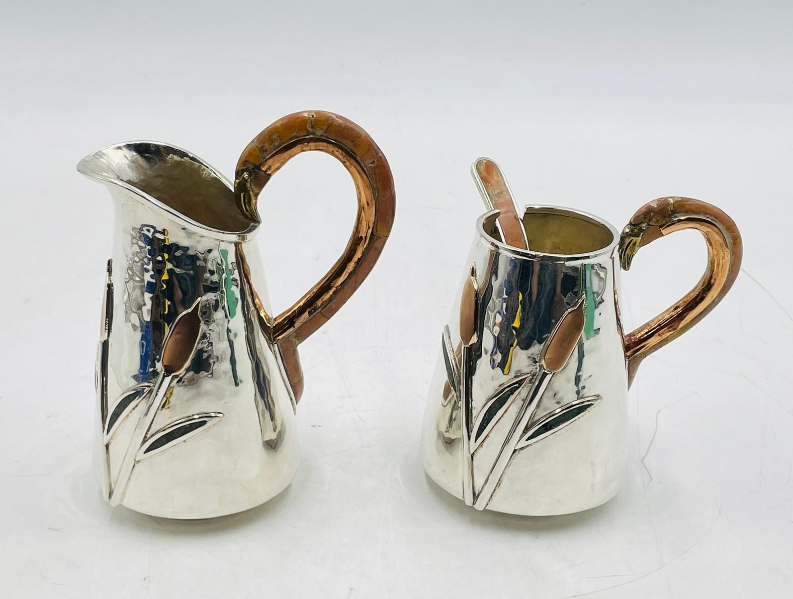 Mexican Silver Plated Creamer and Sugar Set with Flamingo Handles by Wolmar Castillo For Sale