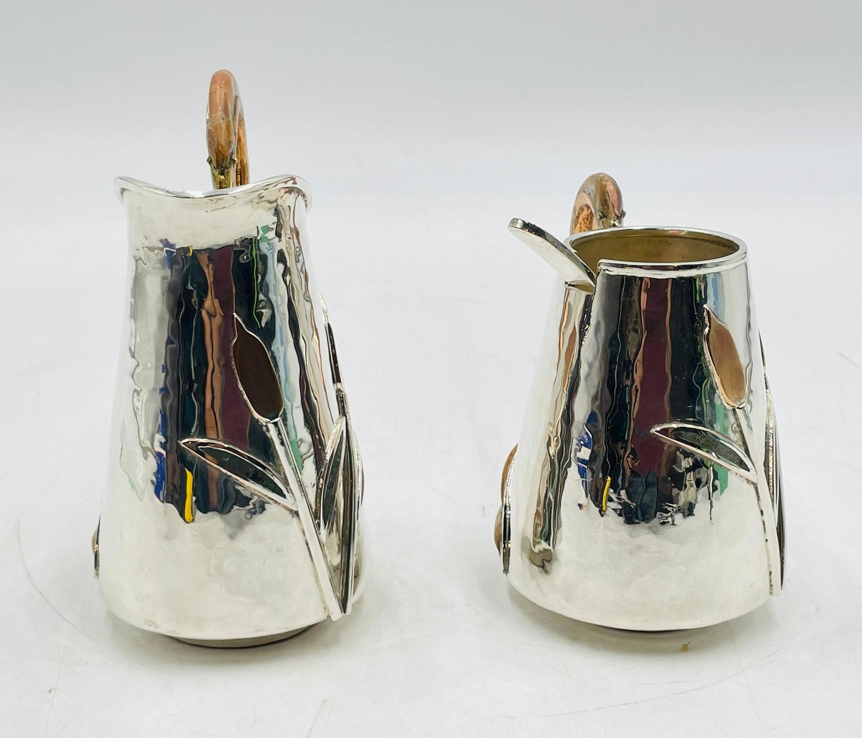 Hand-Crafted Silver Plated Creamer and Sugar Set with Flamingo Handles by Wolmar Castillo For Sale