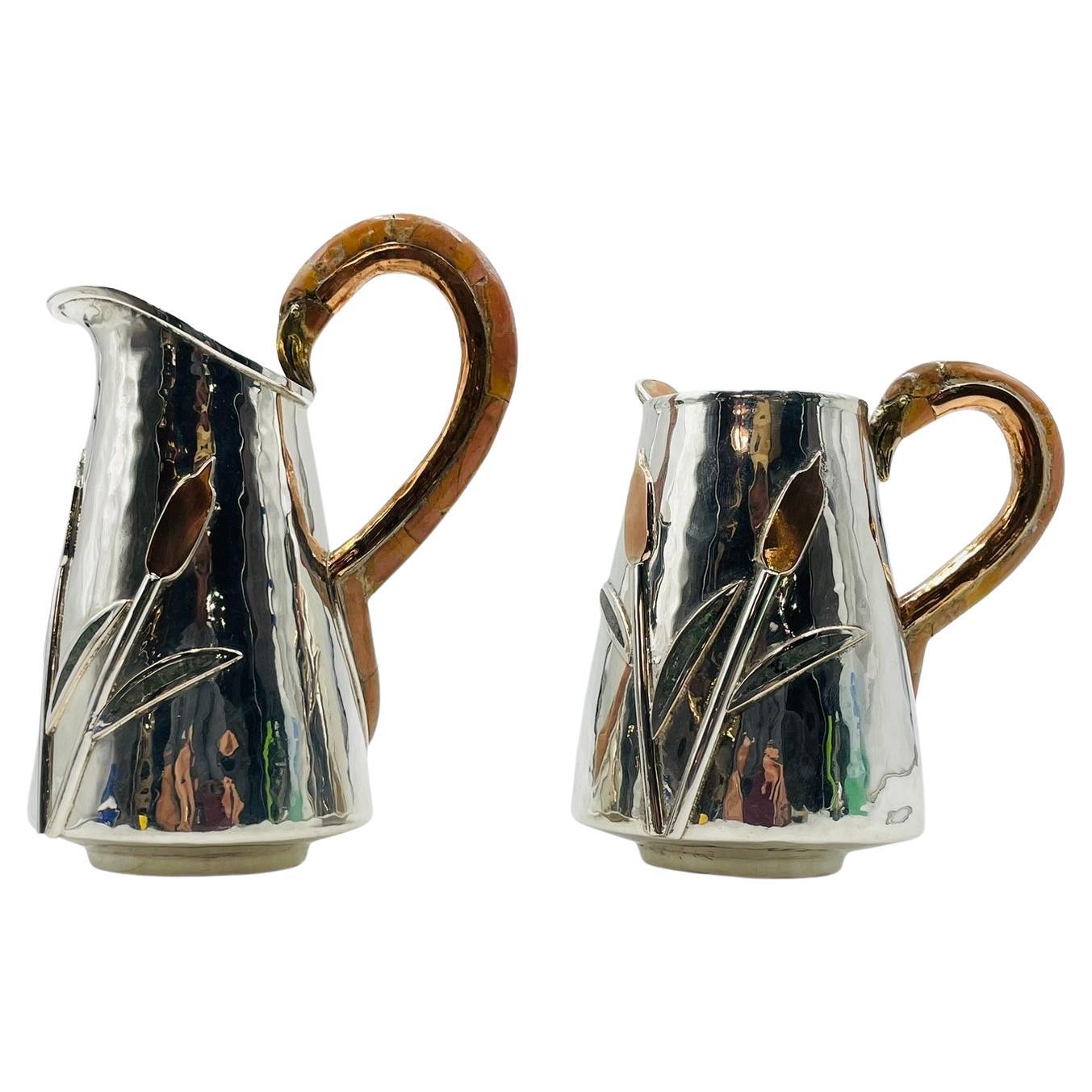 Silver Plated Creamer and Sugar Set with Flamingo Handles by Wolmar Castillo For Sale