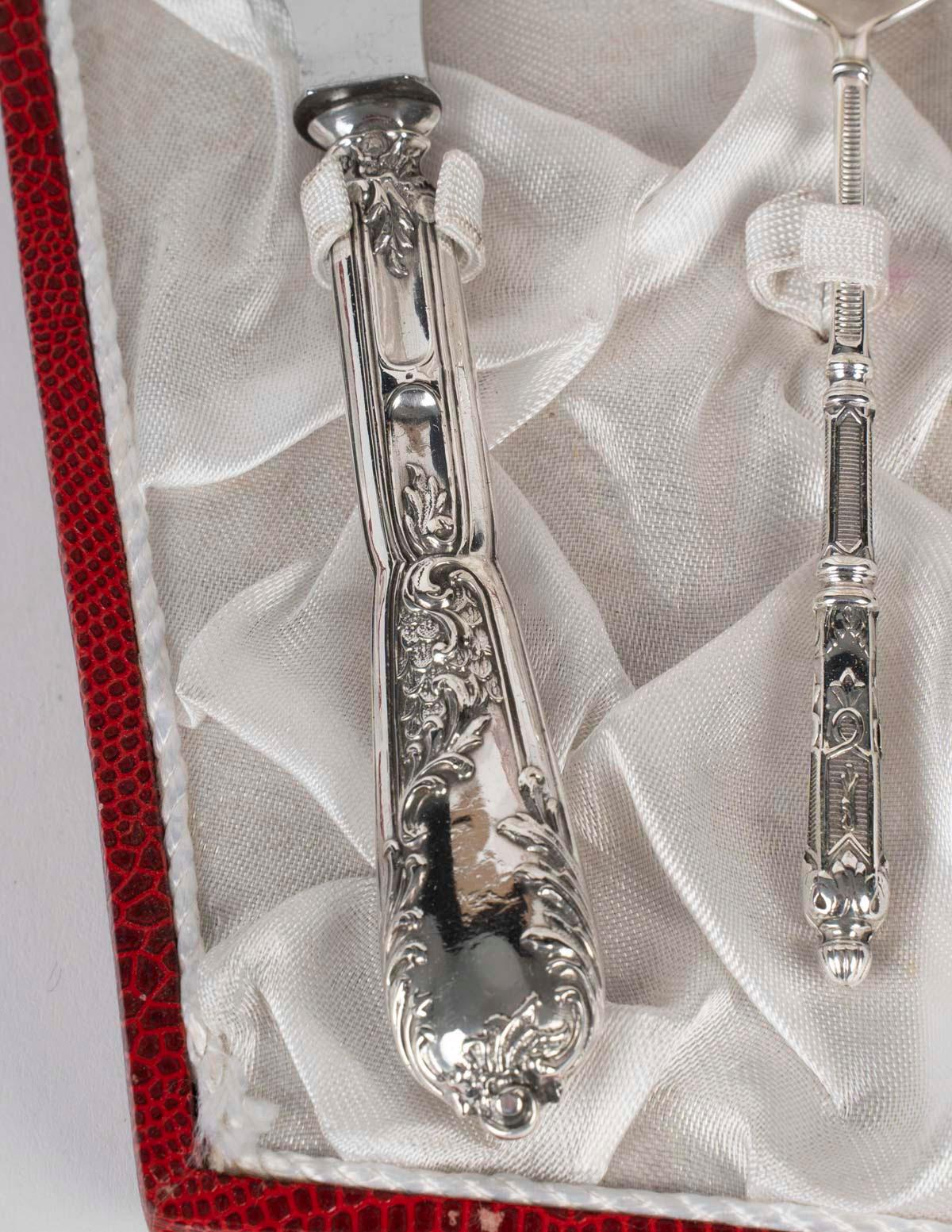 Placcato argento Set di posate in argento per un bambino, XIX secolo, periodo Napoleone III. in vendita