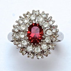 Silver Plated Dark Pink and Clear Rhinestone Cluster Ring