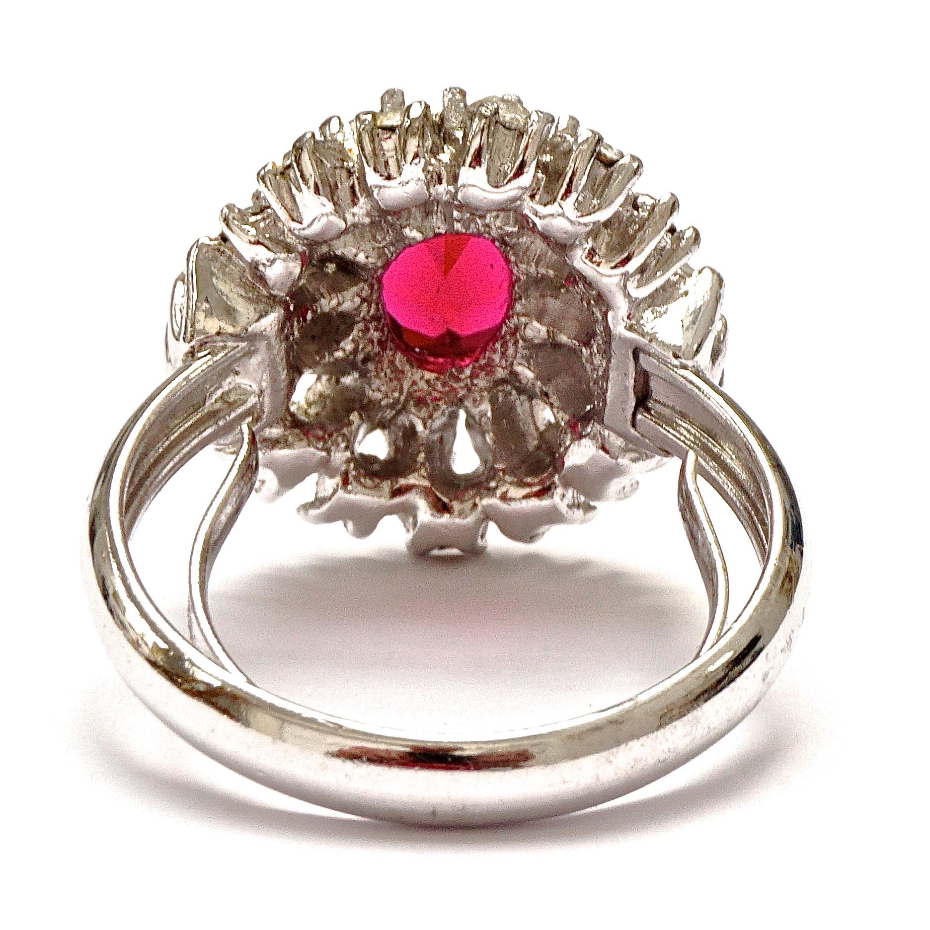 Women's or Men's Silver Plated Dark Pink and Clear Rhinestone Cluster Ring For Sale