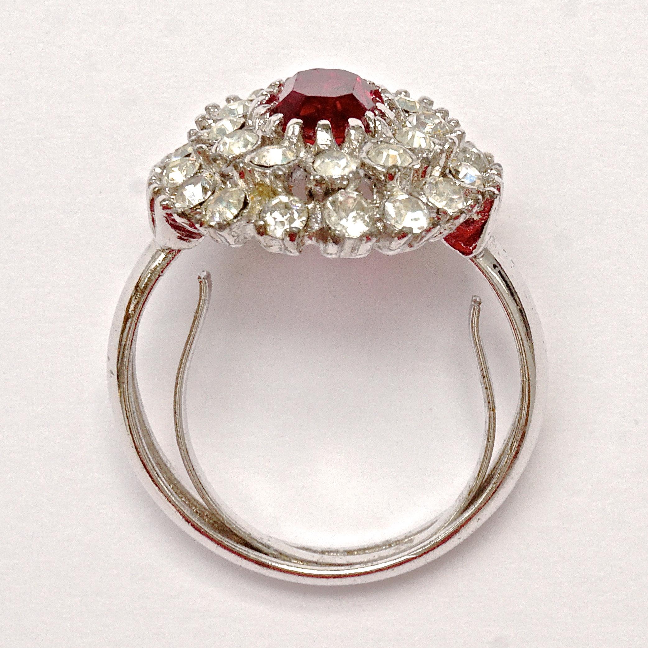 Silver Plated Dark Pink and Clear Rhinestone Cluster Ring For Sale 1