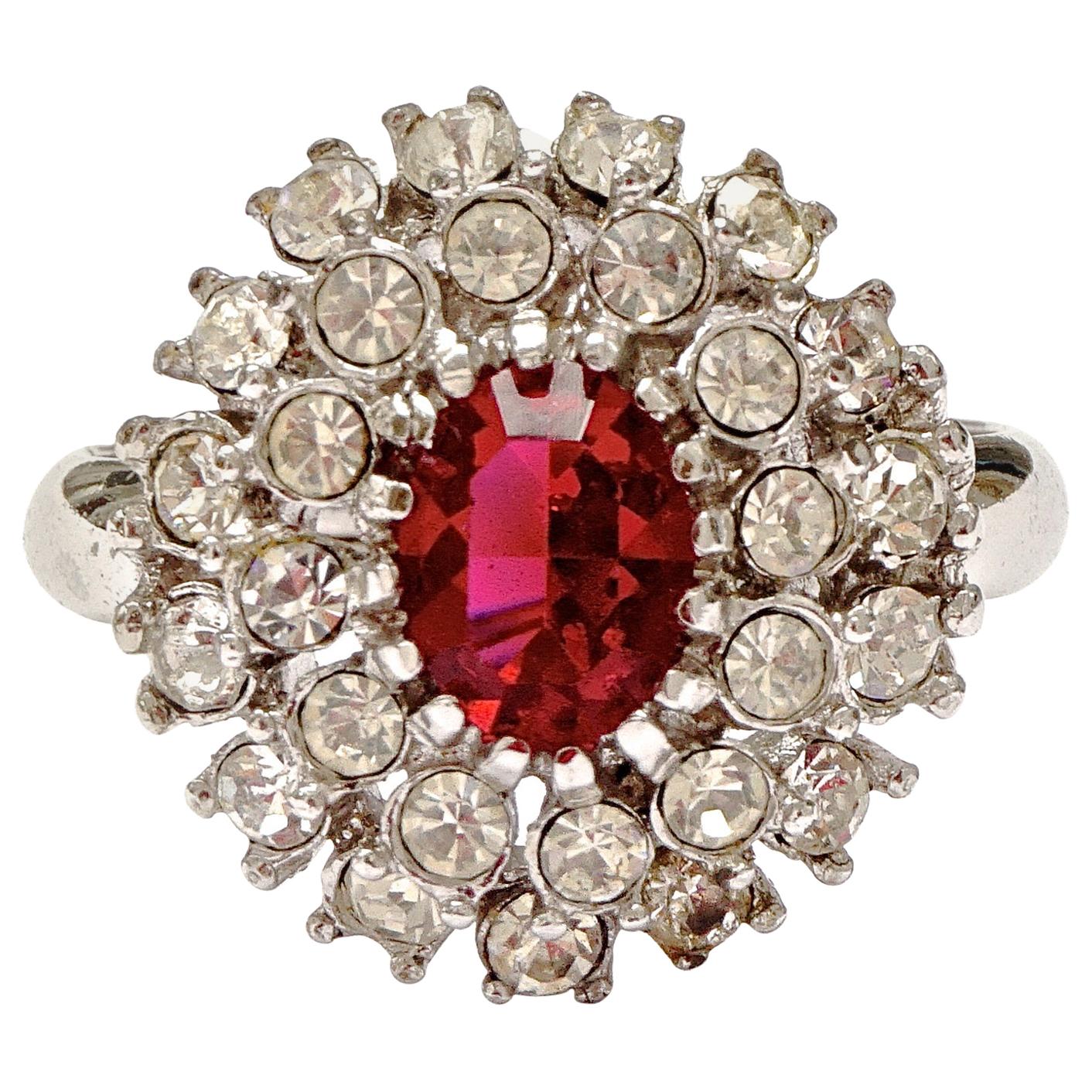 Silver Plated Dark Pink and Clear Rhinestone Cluster Ring For Sale