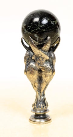 Silver Plated Desk Seal, Late 19th/20th C with Heron Supported Marble Sphere
