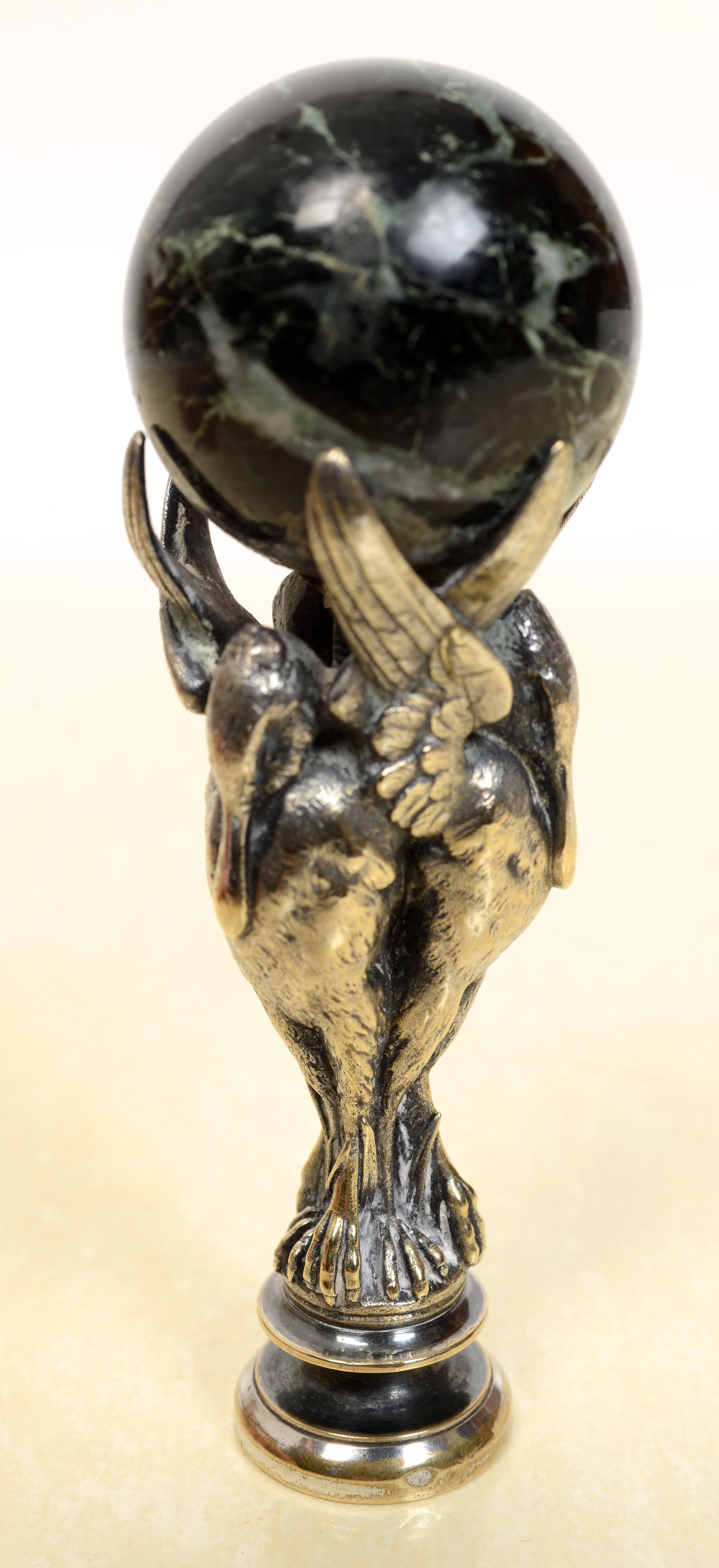 Cast Silver Plated Desk Seal, Late 19th/20th C with Heron Supported Marble Sphere For Sale