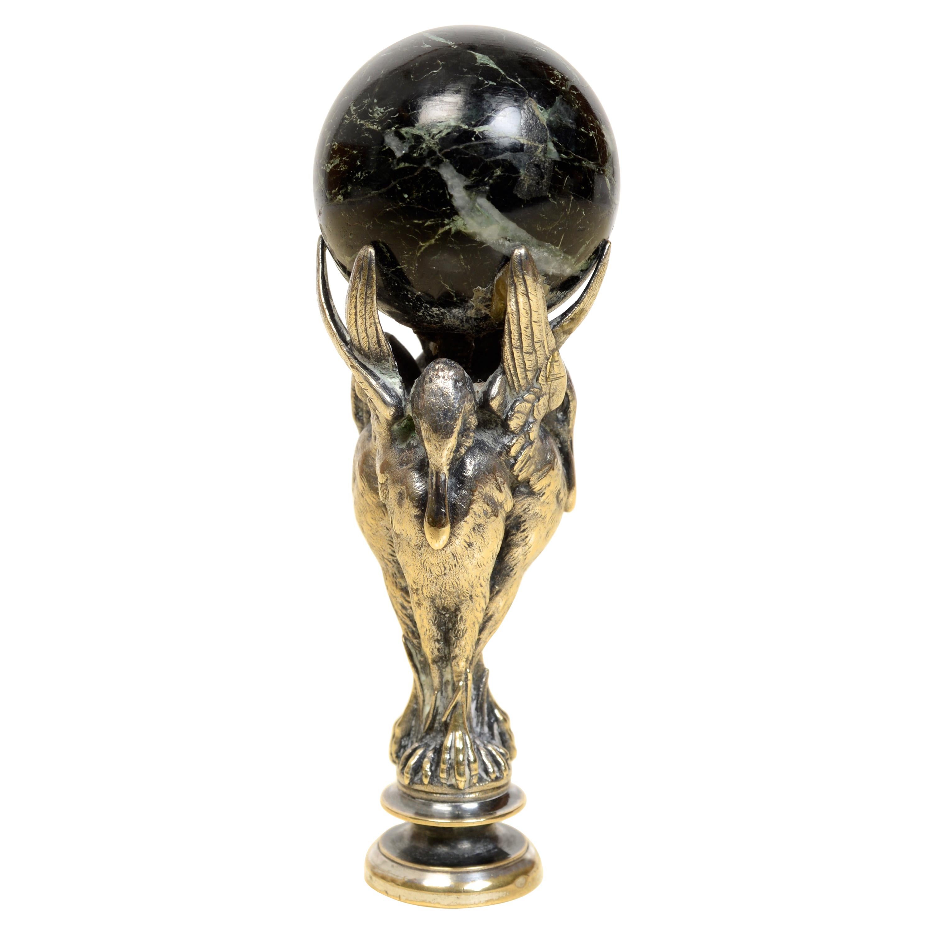 Silver Plated Desk Seal, Late 19th/20th C with Heron Supported Marble Sphere For Sale