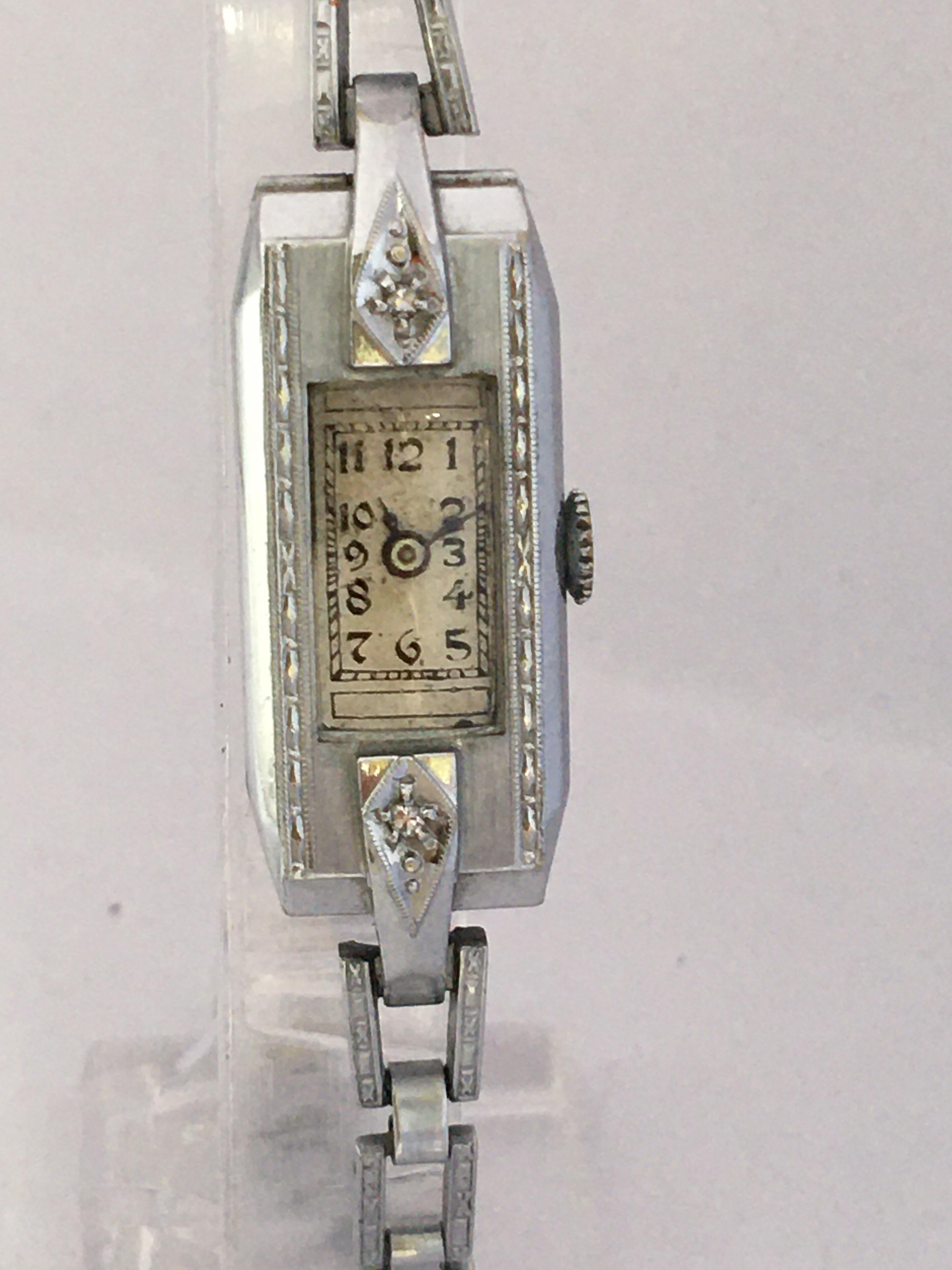This beautiful pre-owned vintage hand winding ladies watch is in good working condition and it is ticking well. Visible signs of ageing and wear with tiny and light scratches on the back case and some tarnishes on the back bracelets as shown. Please